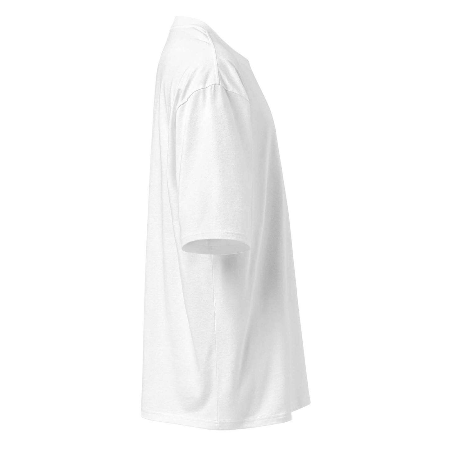 Seitenansicht eines schweren weißen Oversized-T-Shirts, ideal für urbanen Streetwear-Look und hohen Tragekomfort.