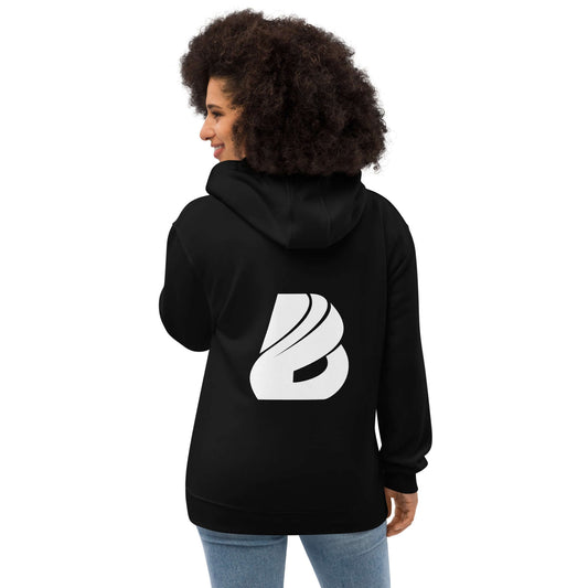 Person wearing Hochwertiger Öko Kapuzenpullover N°14 with a bold logo on the back, made from organic cotton and recycled materials.