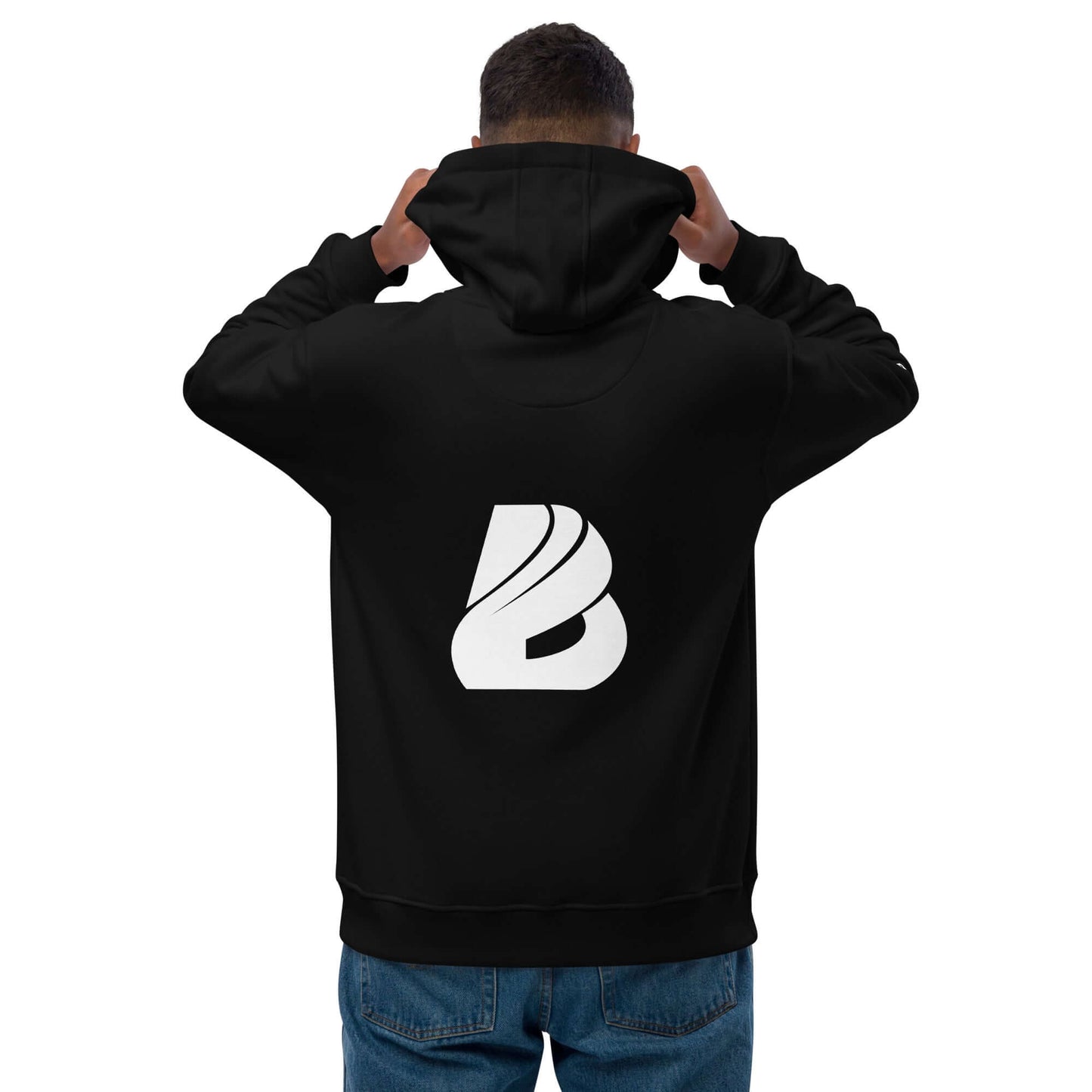 Schwarzer Öko Kapuzenpullover mit großem weißen Logo auf der Rückseite, stylisch und umweltfreundlich.