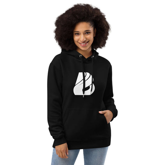 Woman wearing Hochwertiger Öko Kapuzenpullover N°14 with front pocket and double-layer hood, made from organic cotton and recycled materials.