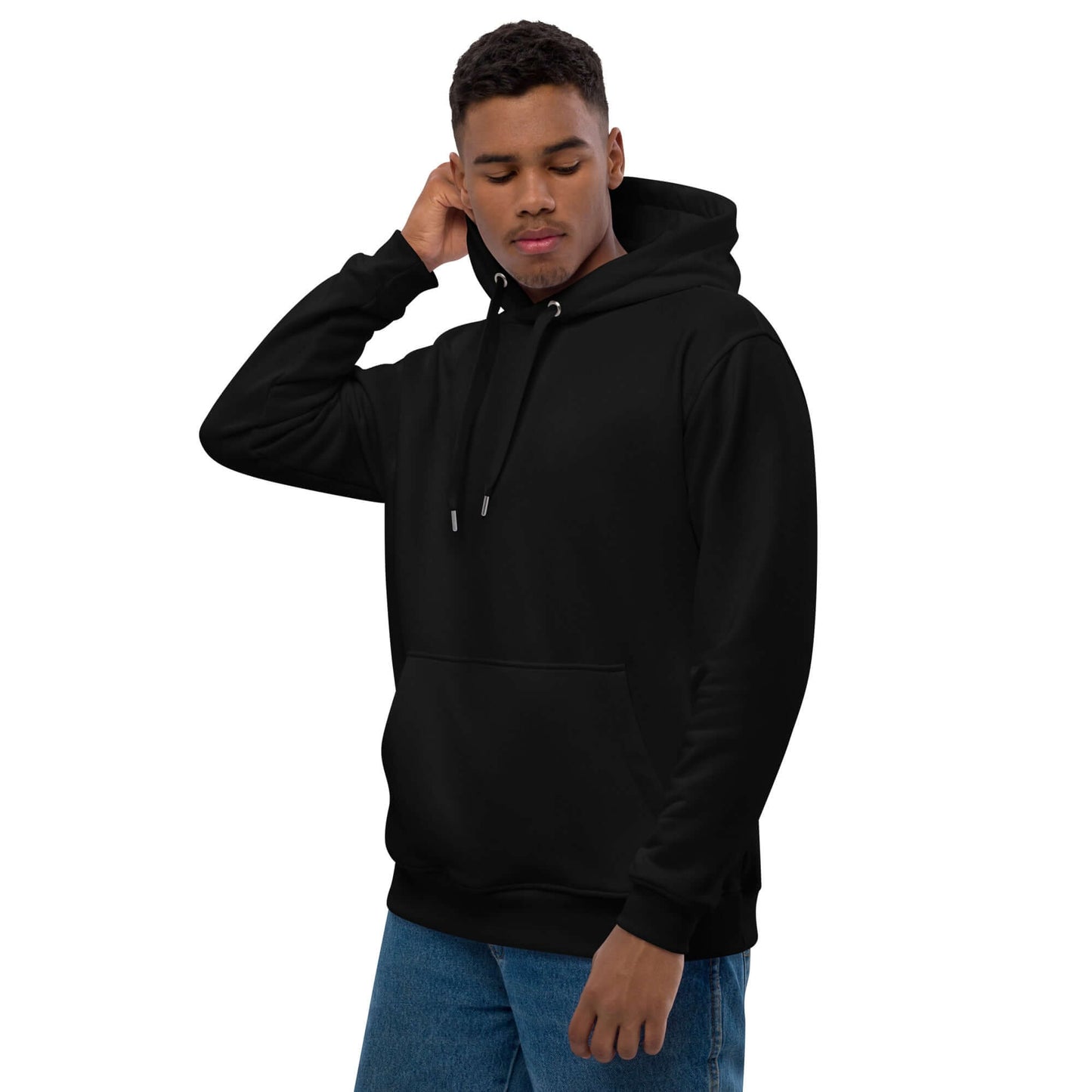 Hochwertiger Öko Kapuzenpullover aus Bio-Baumwolle in Schwarz, lässig und bequem.