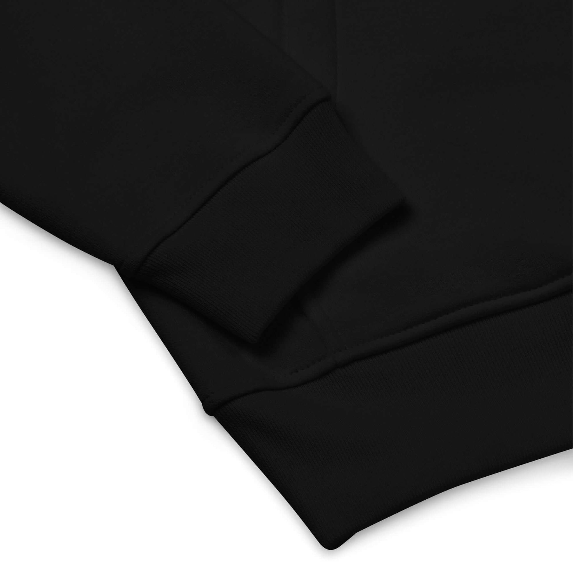 Close-up of sleeve detail on Hochwertiger Öko Kapuzenpullover N°14 in black, featuring sustainable fabric