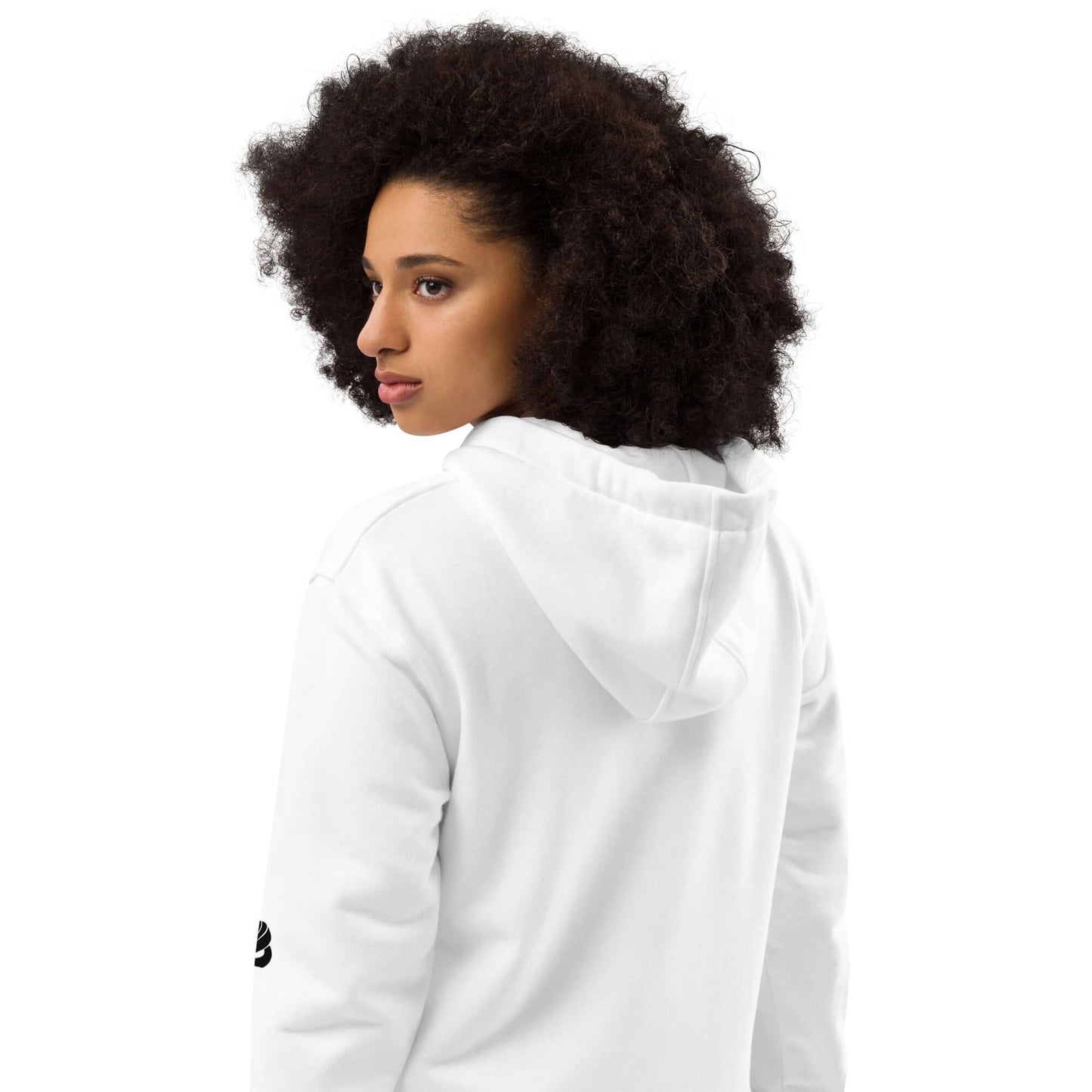 Person wearing Hochwertiger Öko Kapuzenpullover N°13 in white, shows back view with hood up, showcasing eco-friendly streetwear fashion.