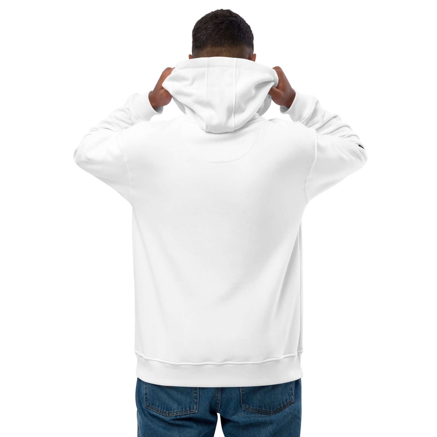 Person wearing Hochwertiger Öko Kapuzenpullover N°13, showcasing back view, double-layered hood up, made from organic and recycled materials.