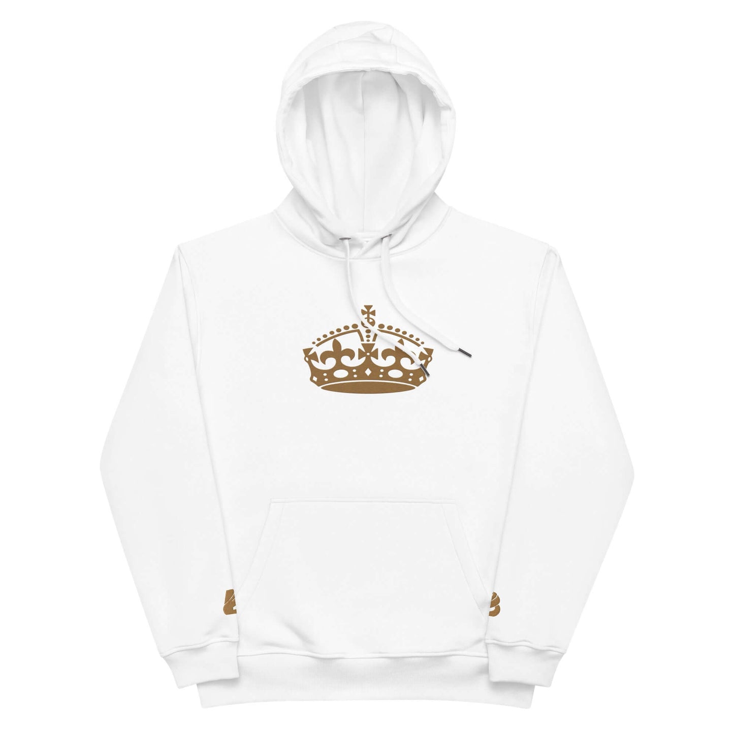 Hochwertiger Öko Kapuzenpullover N°10 aus Bio-Baumwolle und recyceltem Polyester, krönendes Design, Beuteltasche, doppellagige Kapuze.