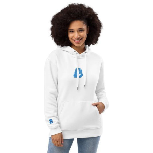 Person wearing Hochwertiger Öko Kapuzenpullover N°12 with front pocket and logo, made from organic and recycled materials.