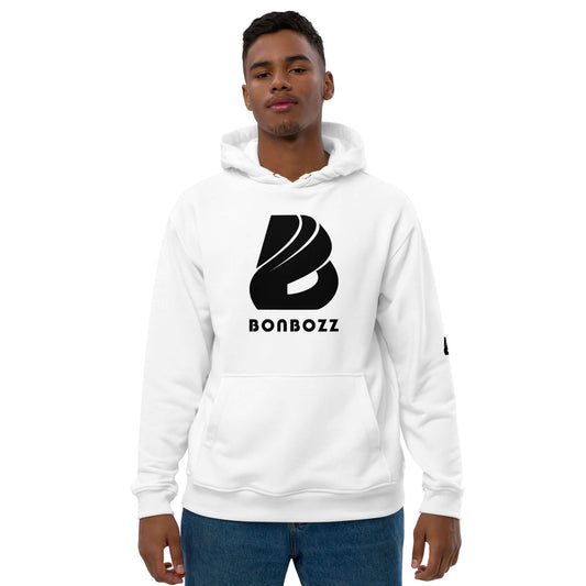 Model wearing Hochwertiger Öko Kapuzenpullover N°13 with stylish design, featuring bio cotton and recycled polyester for a sustainable streetwear look.