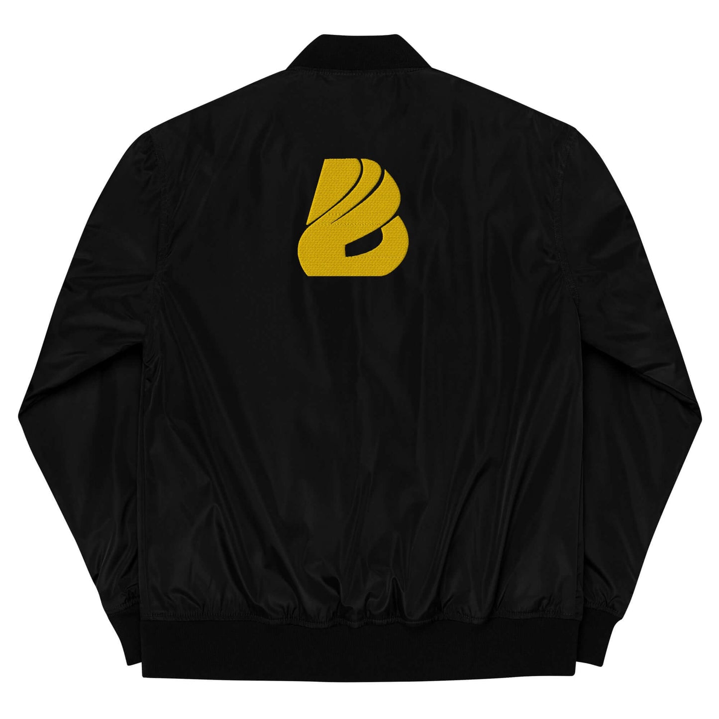 Back of Premium recycled bomber jacket N°0 in black with yellow logo