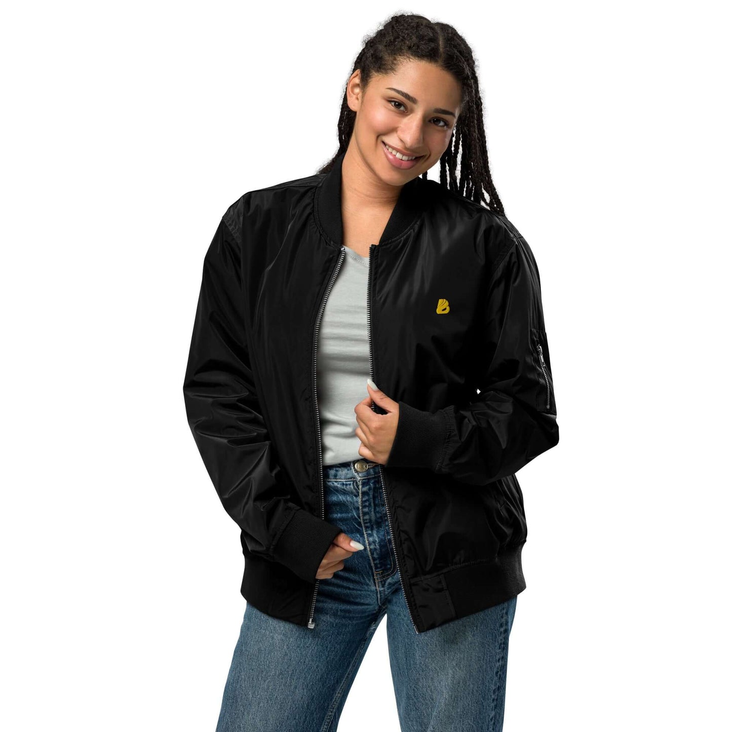 Model wearing a black Premium Recycelte Bomberjacke N°2, perfect for casual outfits and cooler weather.