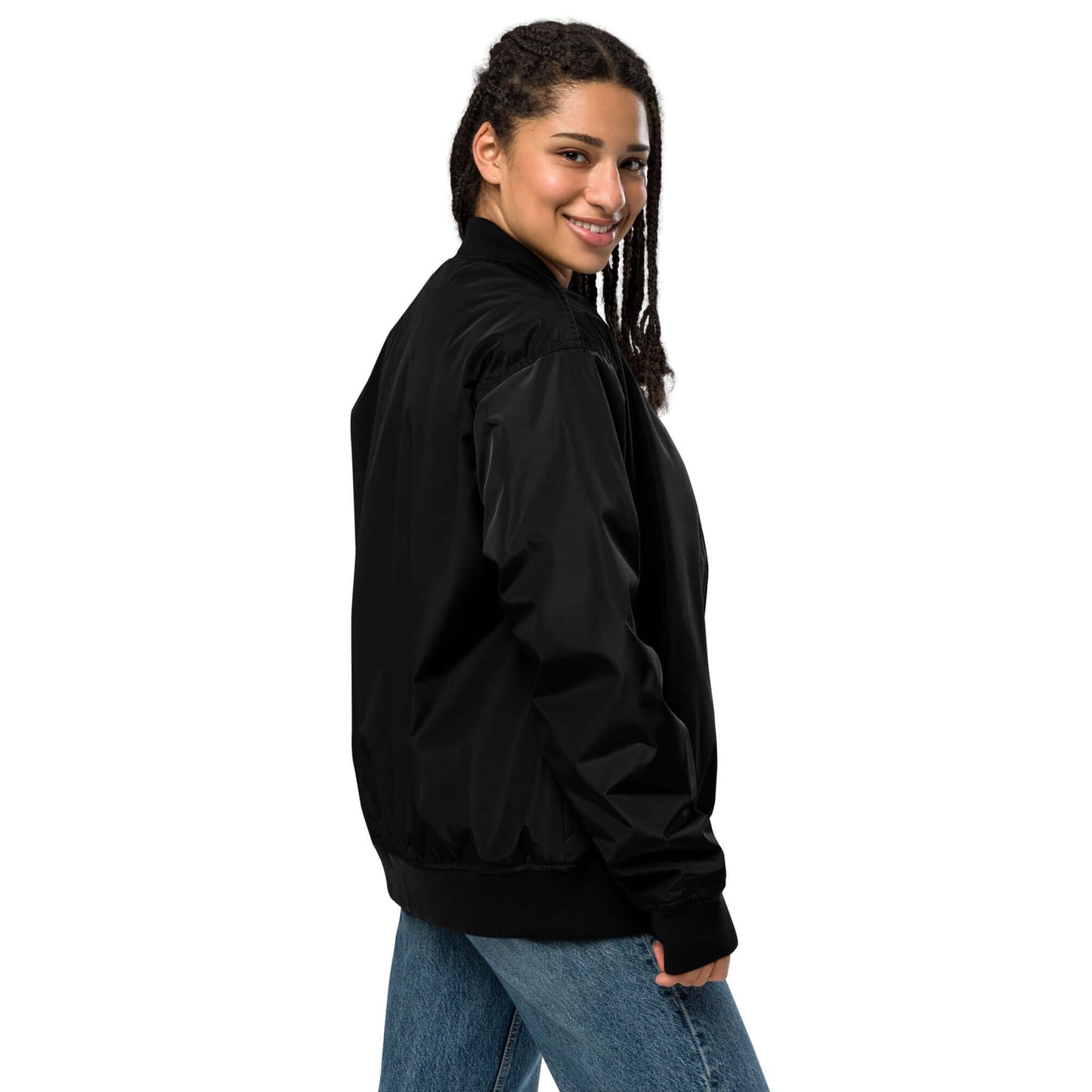 Unisex Premium Recycelte Bomberjacke N°2 in Schwarz, lässig und leicht, perfekt für kühle Tage.