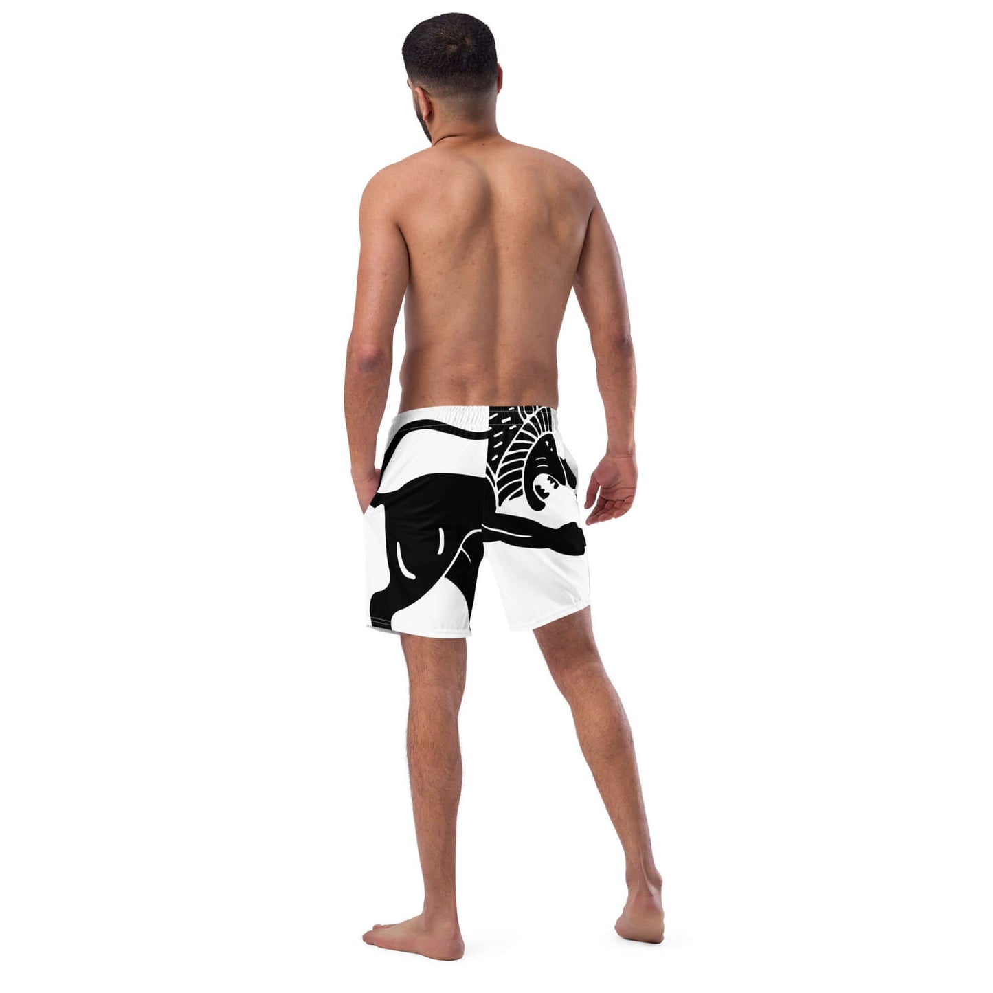 Back view of man wearing Recycelte Schwimmshorts with black and white design, featuring quick-dry fabric and multiple pockets