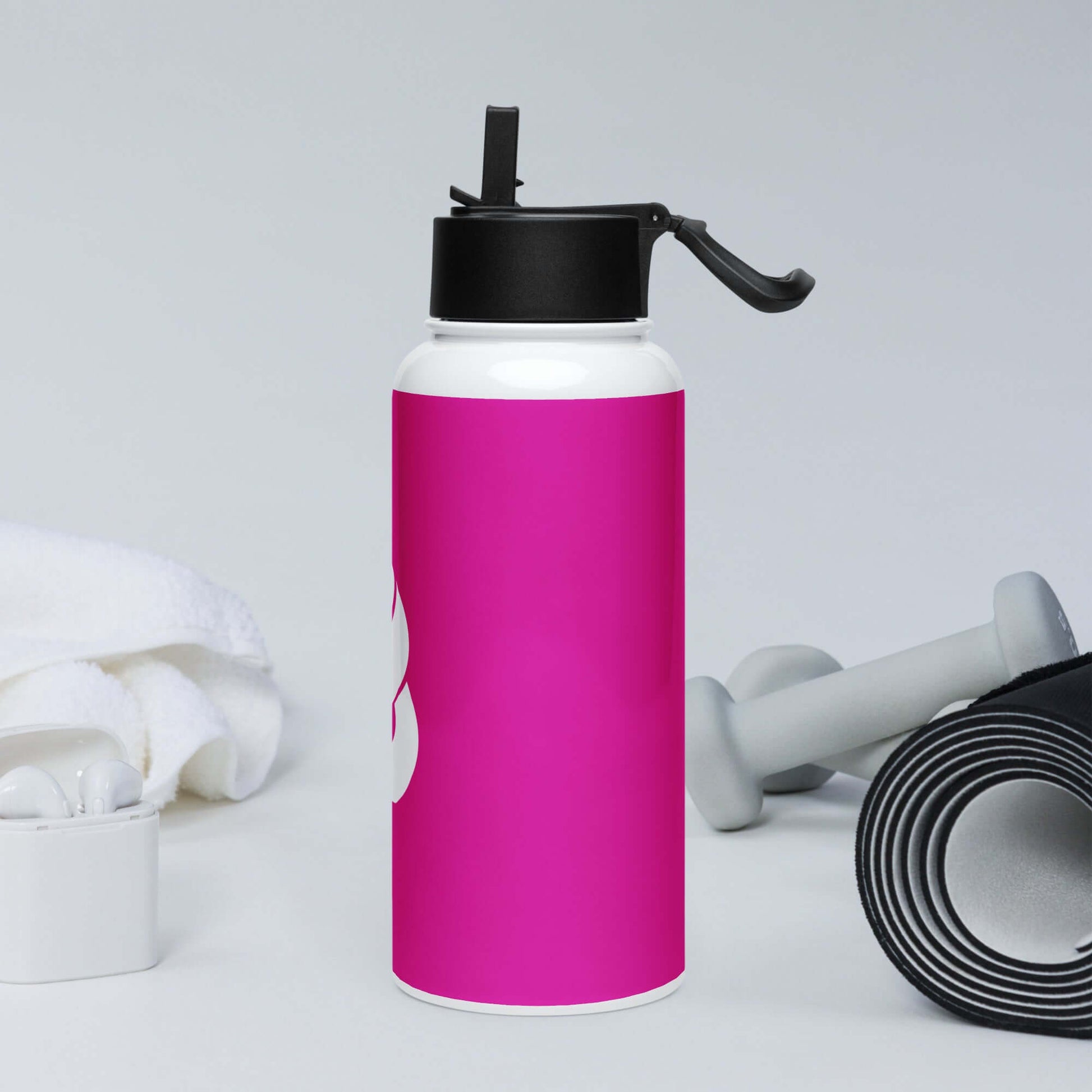 Edelstahl Trinkflasche mit Strohhalm N°0, 950-ml, pink, doppelwandig, ideal für Workouts, mit drehbarem Griff und faltbarem Strohhalm.