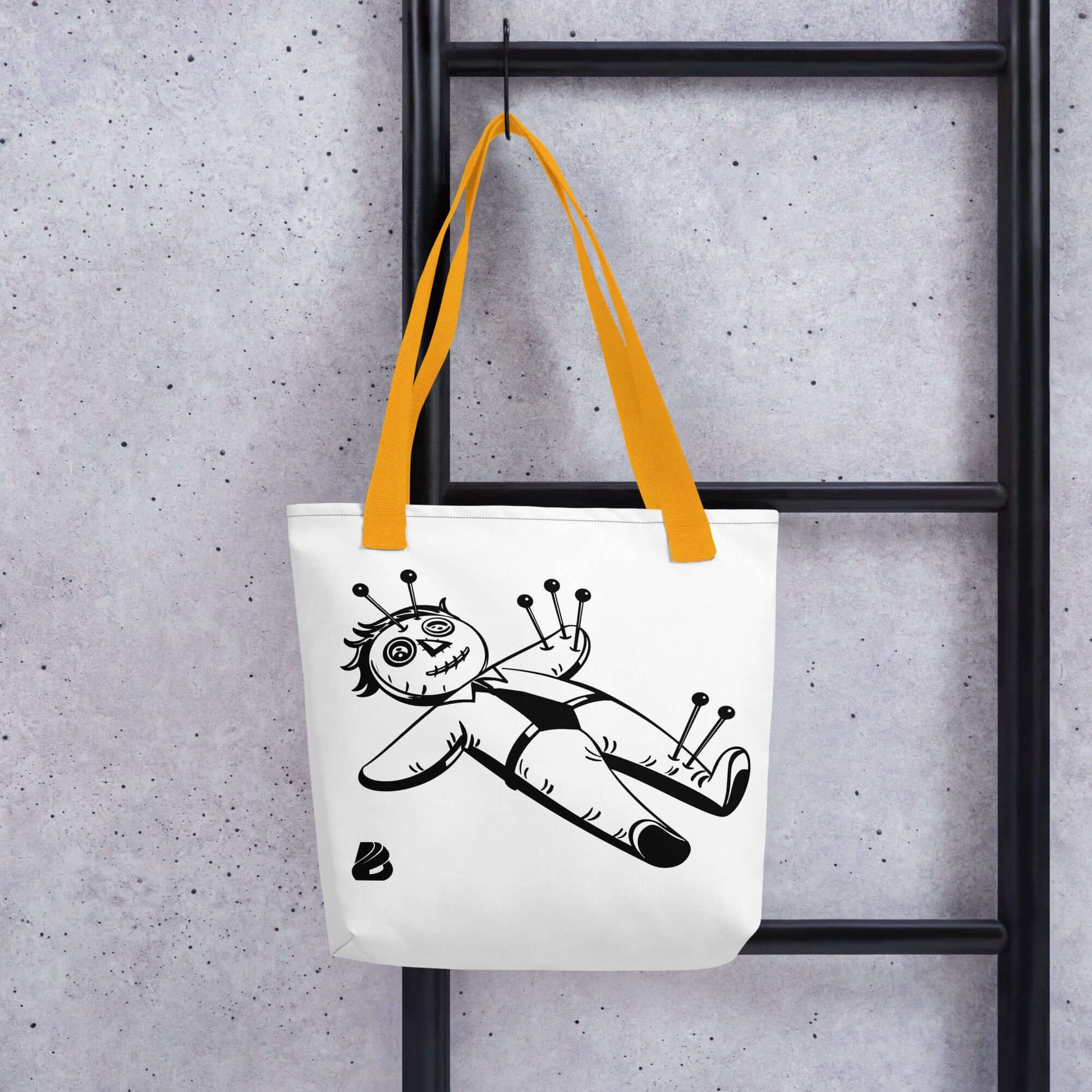 Stoffbeutel with illustrated design hanging on ladder, features durable polyester and natural cotton handles, spacious and trendy.