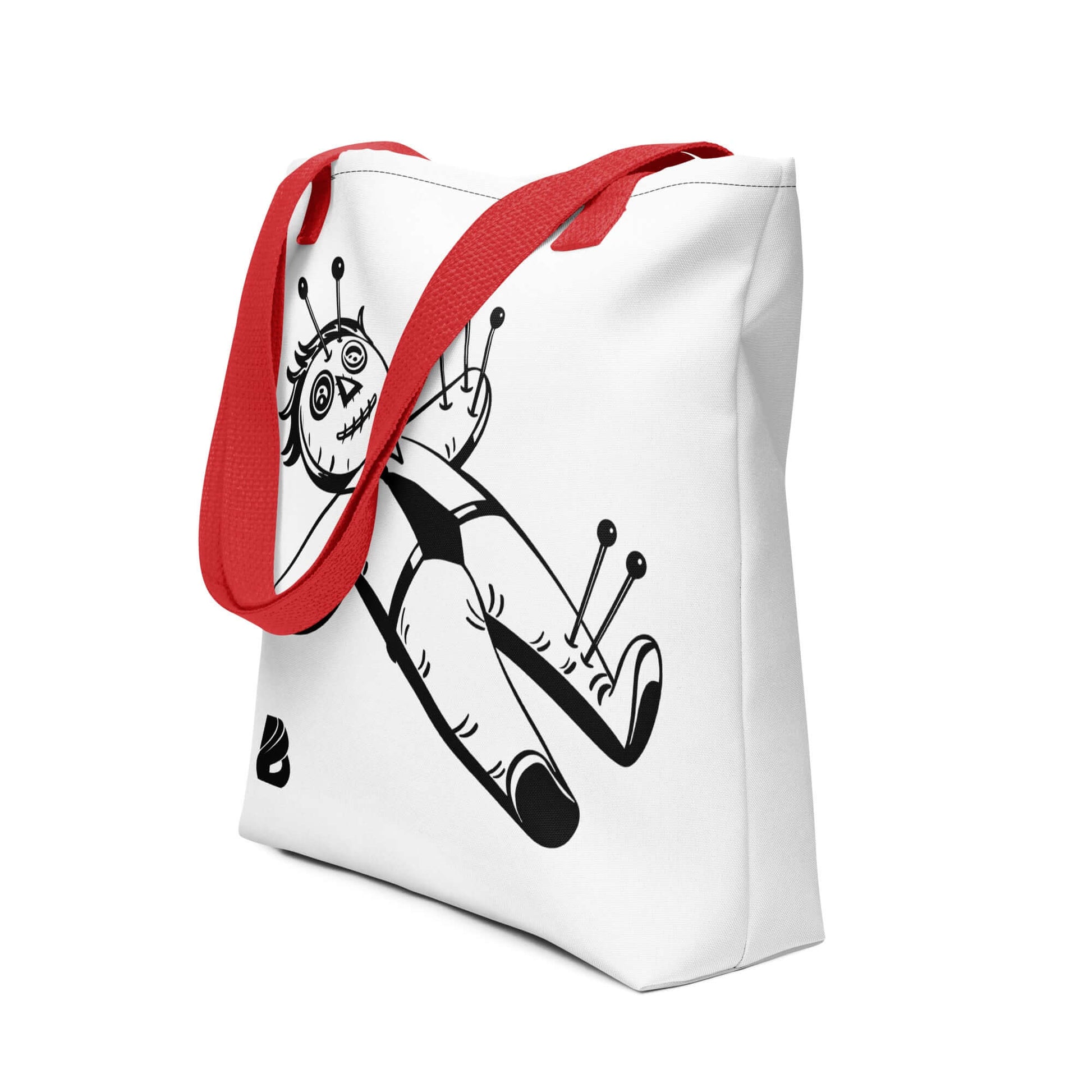 Stoffbeutel with a black and white voodoo doll design and red handles, perfect for carrying essentials.