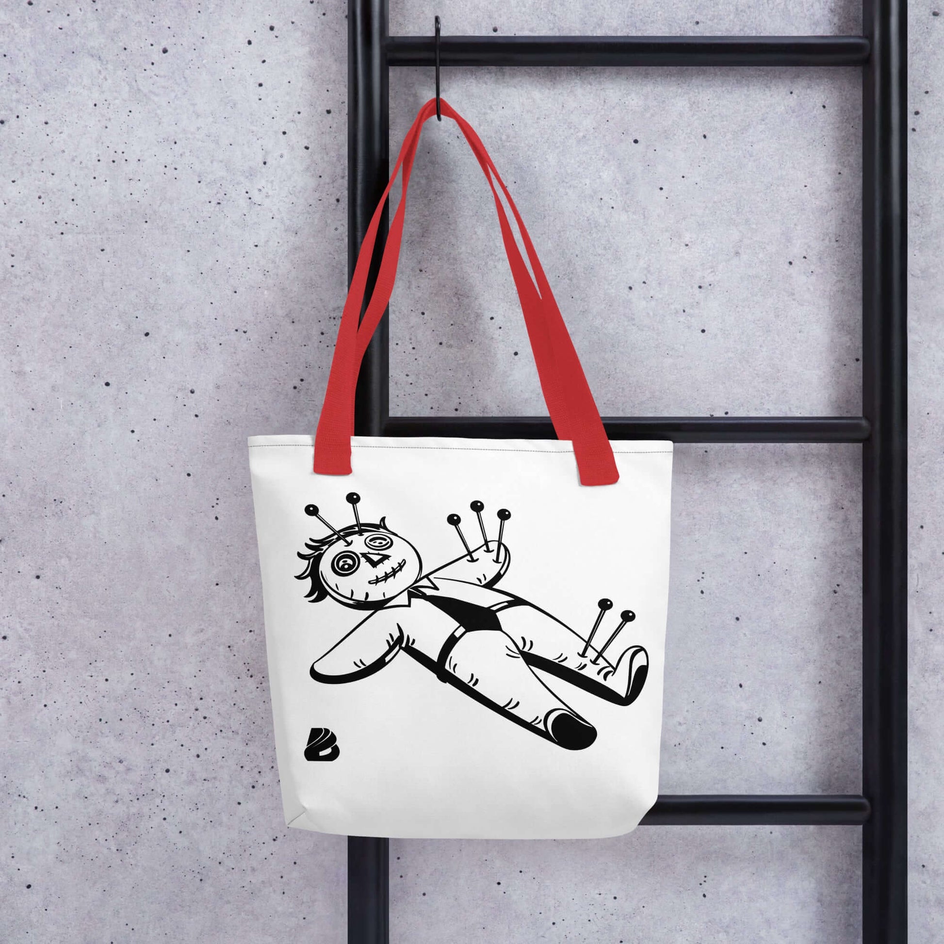 Stoffbeutel mit Voodoo-Puppen-Design, geräumig und trendig, 100% Polyester, 15x15 Zoll, mit roten Baumwoll-Doppelgriffen
