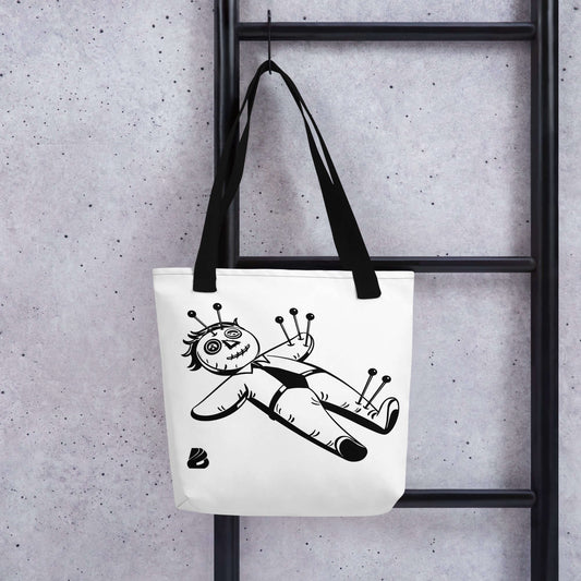 Stoffbeutel with playful design, spacious polyester material, ideal for carrying essentials, featuring durable natural cotton handles.