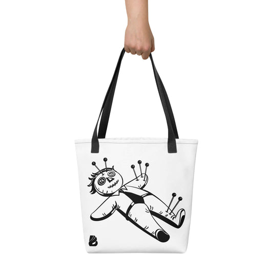 Stoffbeutel with black handles featuring a unique voodoo doll design, 100% polyester, spacious and trendy, ideal for everyday use.