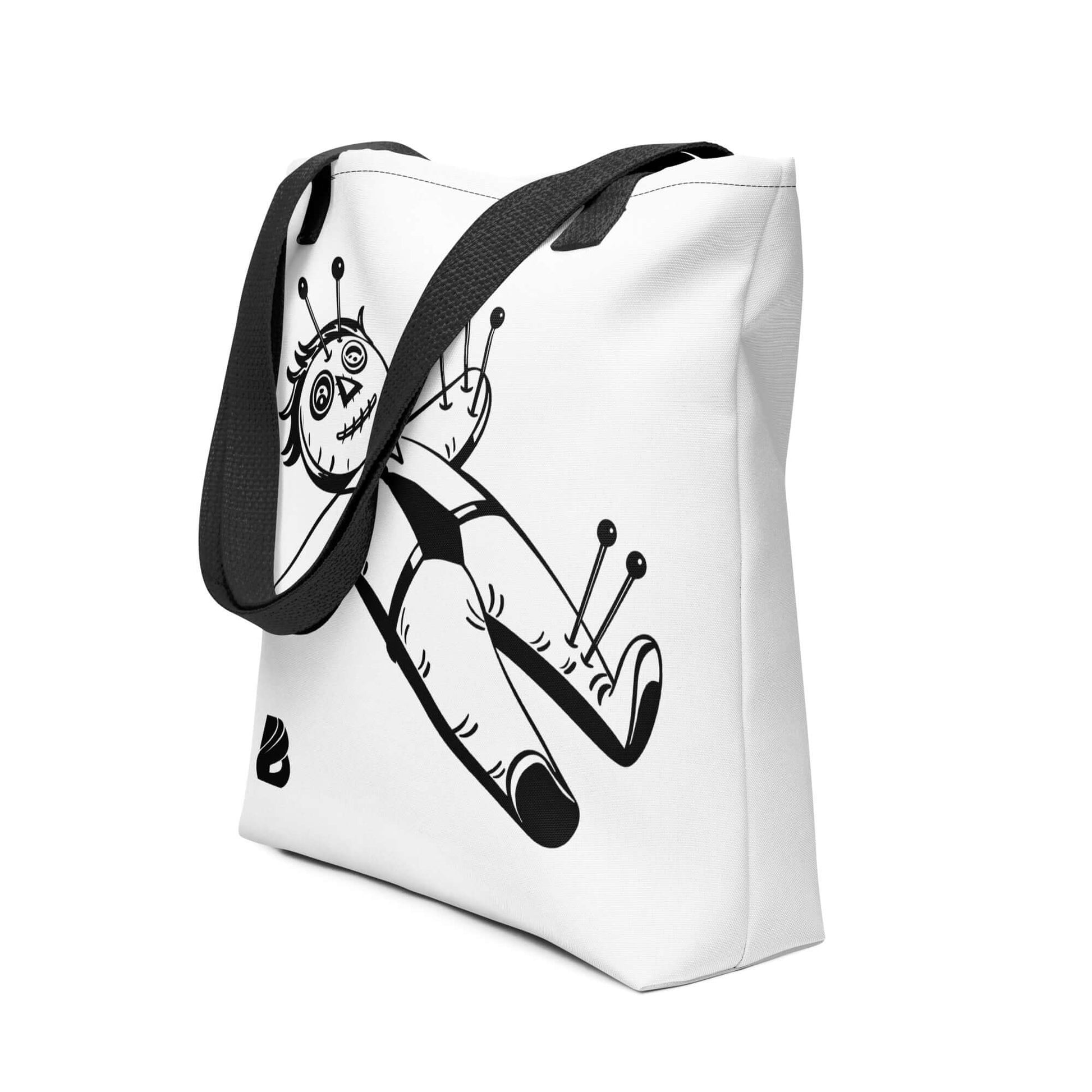 Stoffbeutel with voodoo doll design, spacious and trendy, 100% polyester, 39x39 cm, durable cotton handles, max load 20 kg.