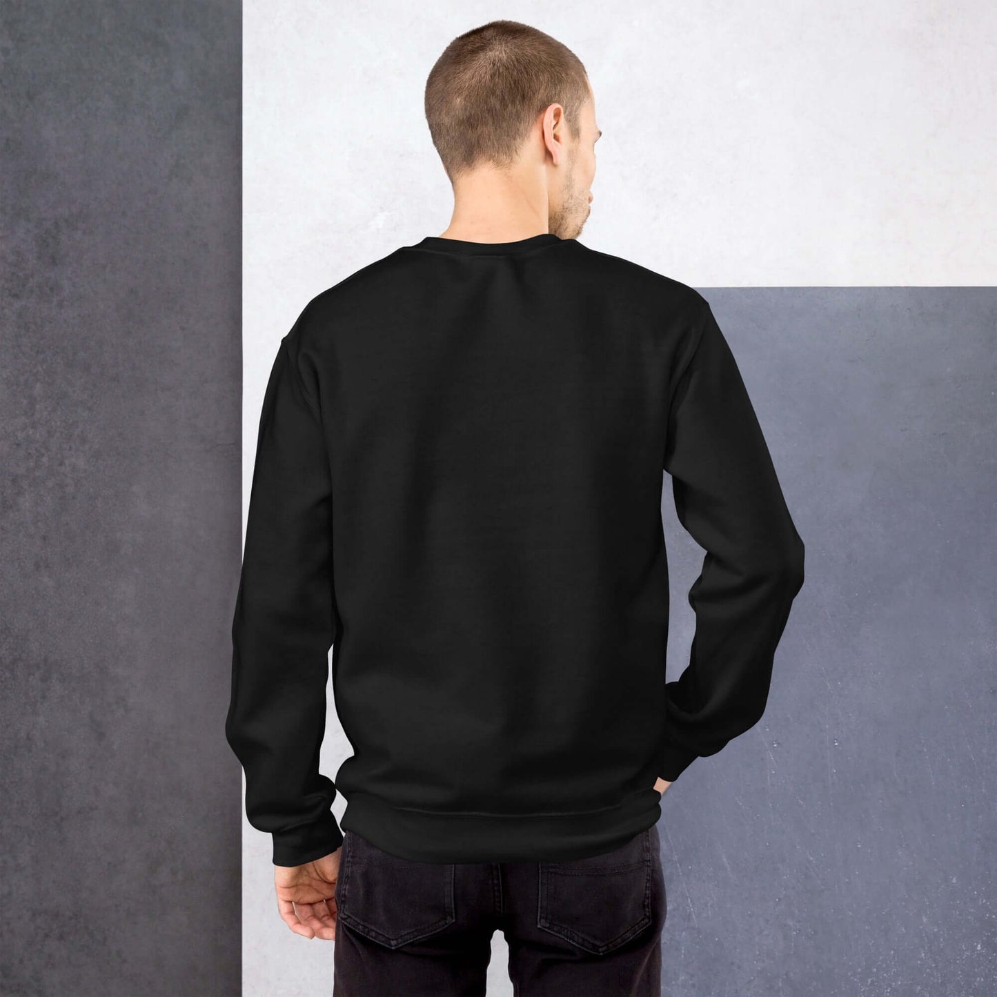 Back view of a classic black Unisex-Pullover, highlighting soft Airjet yarn and pre-shrunk cotton-poly blend for warmth.