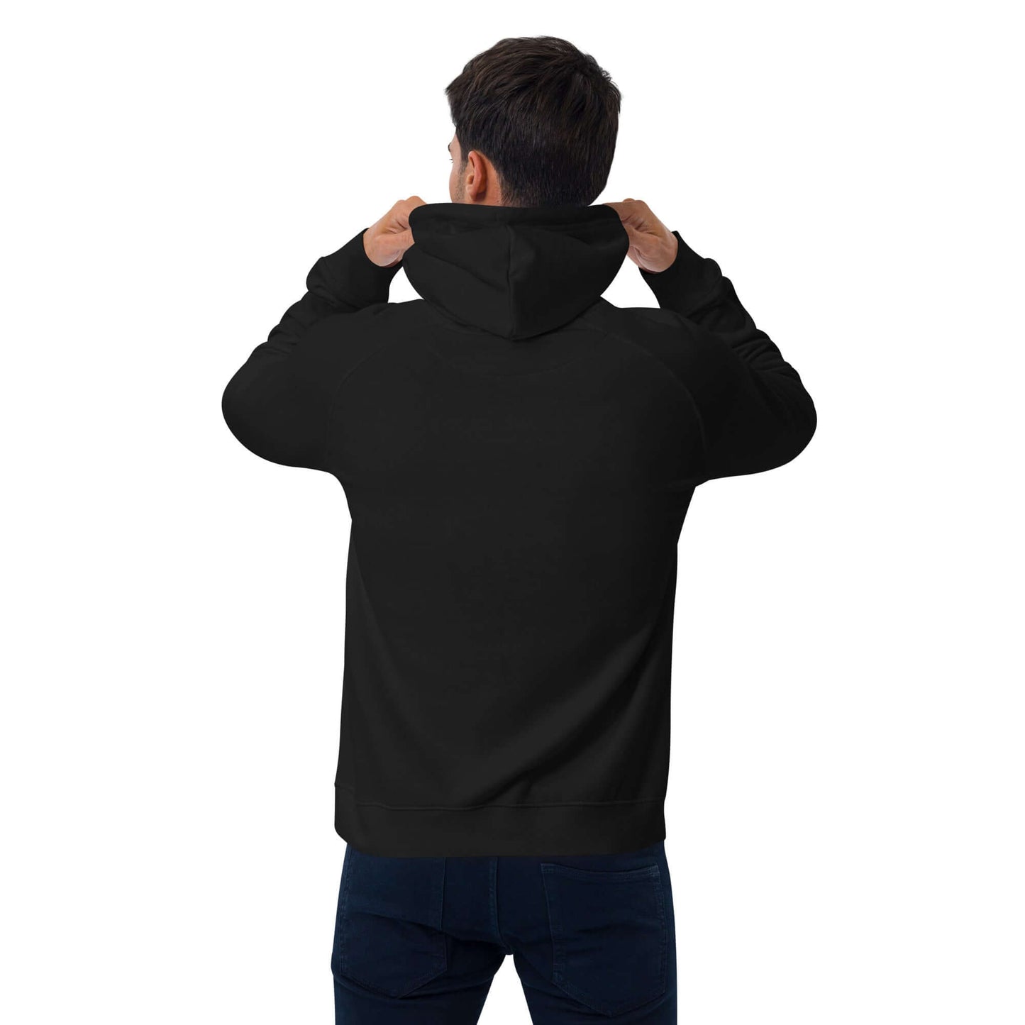 Back view of a person wearing a black Unisex Bio-Raglan-Hoodie N°5, displaying the comfortable and stylish design.