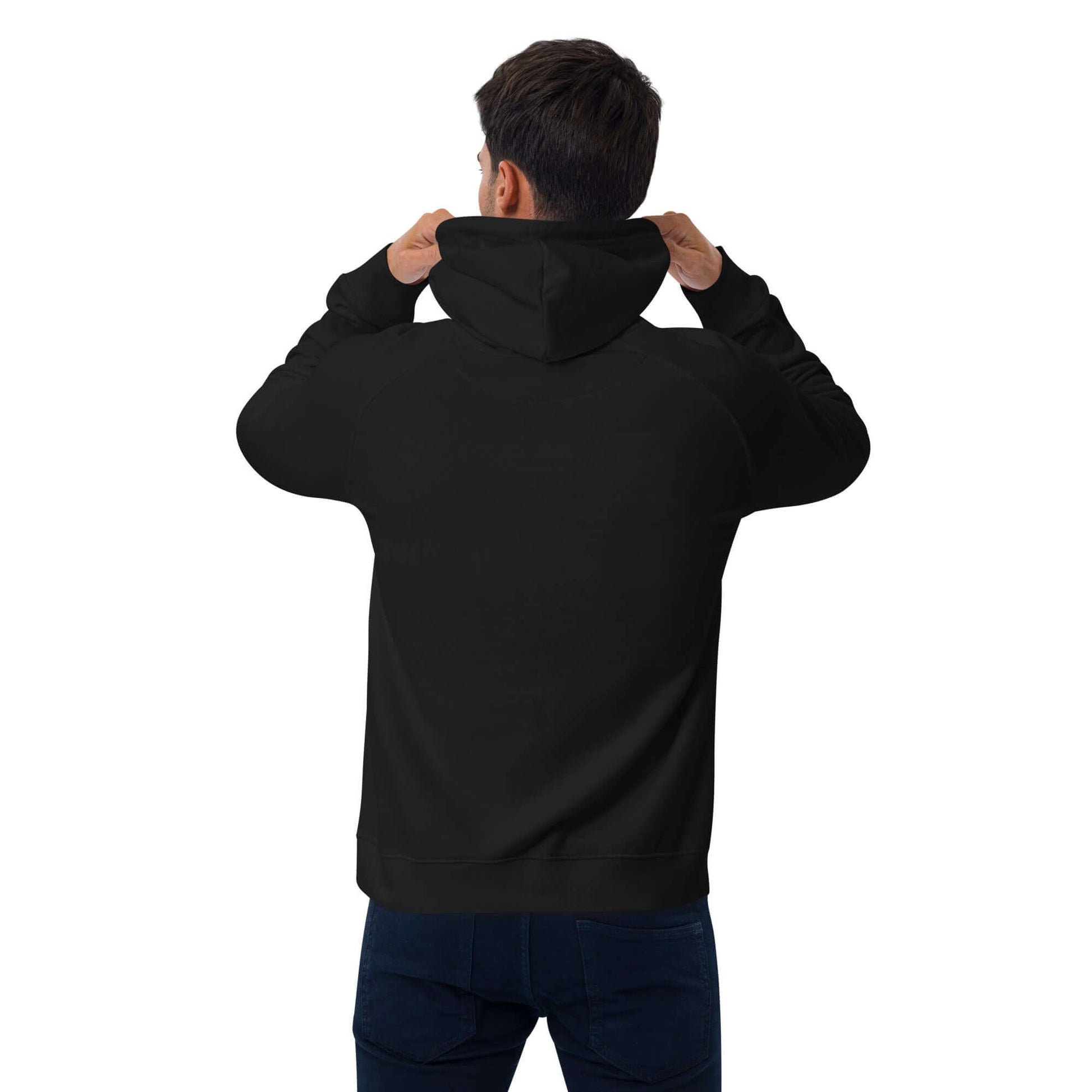 Back view of a person wearing a black Unisex Bio-Raglan-Hoodie N°5, displaying the comfortable and stylish design.