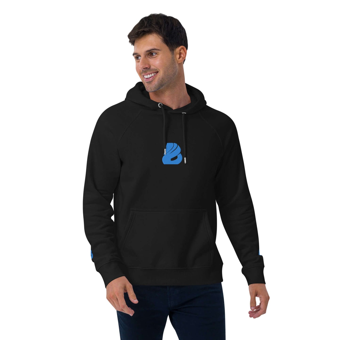 Unisex Bio-Raglan-Hoodie N°3 in black, featuring a stylish blue logo, perfect for a casual or dressed-up look with comfort and style.