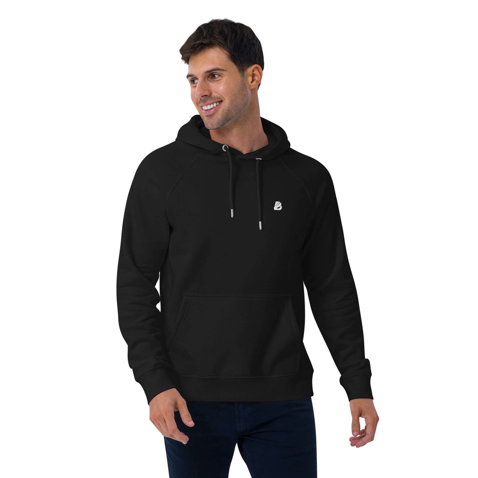 Model wearing Unisex Bio-Raglan-Hoodie N°4 in black, showcasing comfort and style with a casual look.