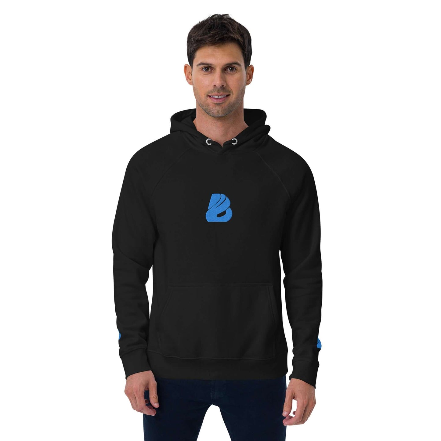 Man wearing Unisex Bio-Raglan-Hoodie N°3 in black with blue logo