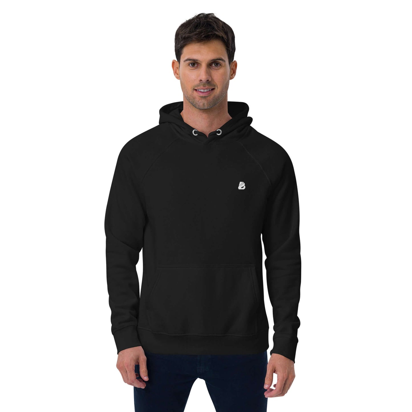 Man wearing black Unisex Bio-Raglan-Hoodie N°4 standing against a white background.