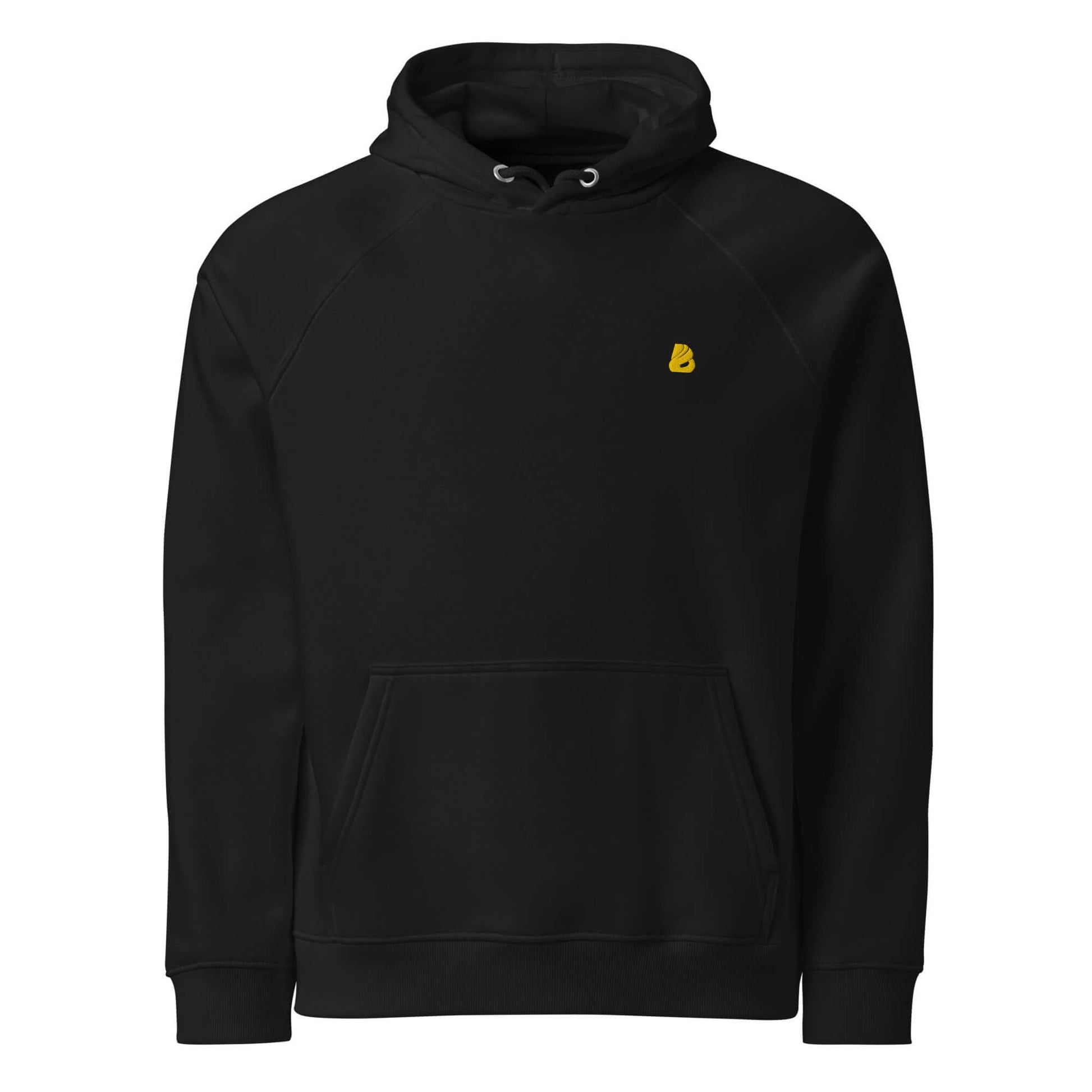 Unisex Bio-Raglan-Hoodie N°5 in black with yellow logo, showcasing style and comfort.