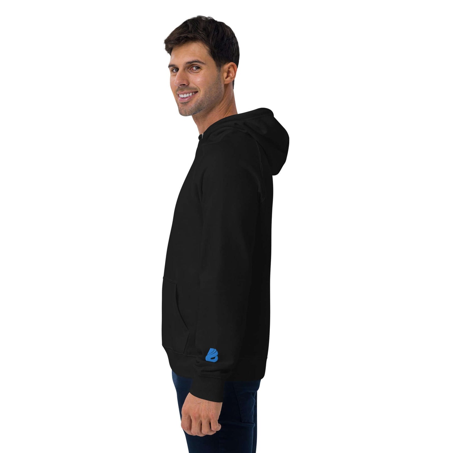 Side view of man wearing Unisex Bio-Raglan-Hoodie N°3 in black, highlighting comfortable and stylish design.
