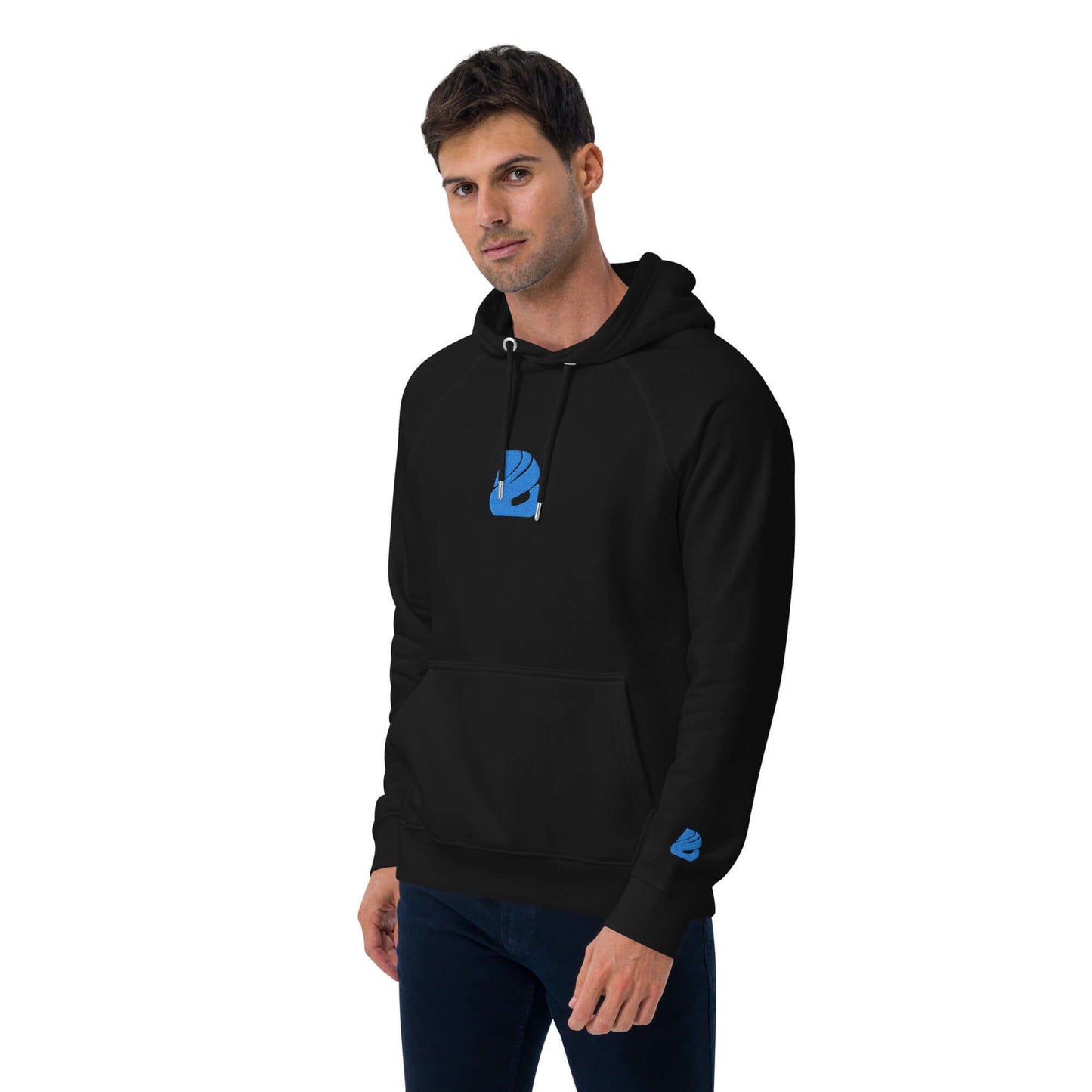Man wearing Unisex Bio-Raglan-Hoodie N°3 in black