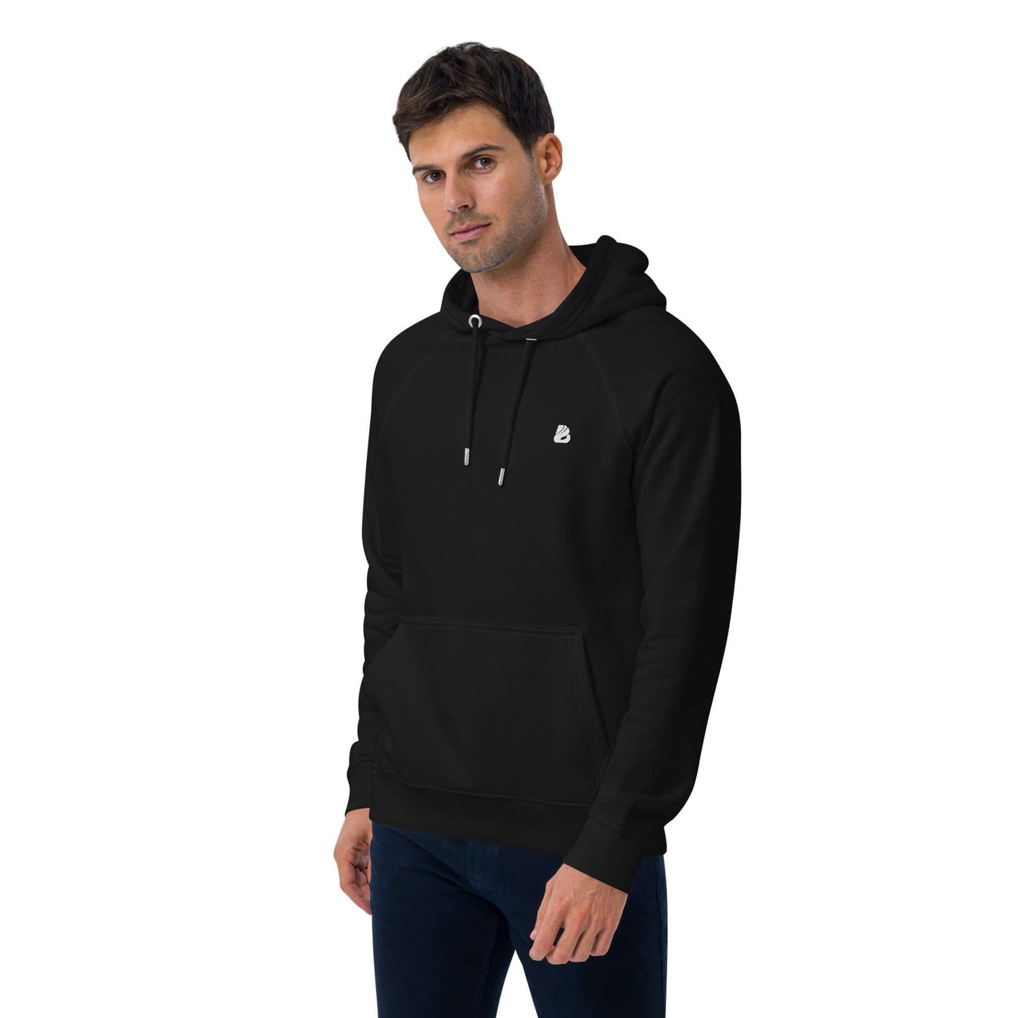 Model wearing black Unisex Bio-Raglan-Hoodie N°4, showcasing comfortable and stylish sweatshirt design.