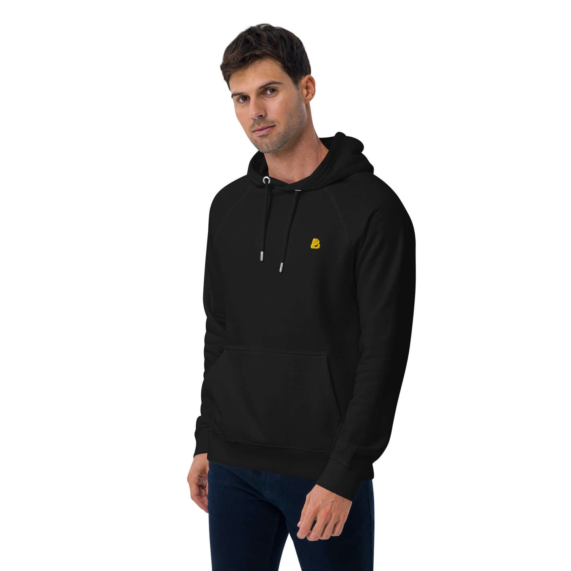 Model wearing the Unisex Bio-Raglan-Hoodie N°5 in black, showcasing its casual and stylish look.
