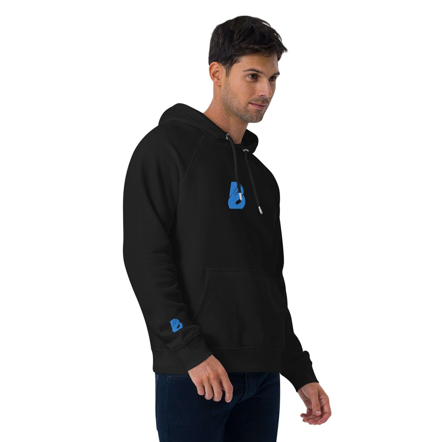 Man wearing a black Unisex Bio-Raglan-Hoodie N°3, showcasing casual and stylish comfort.