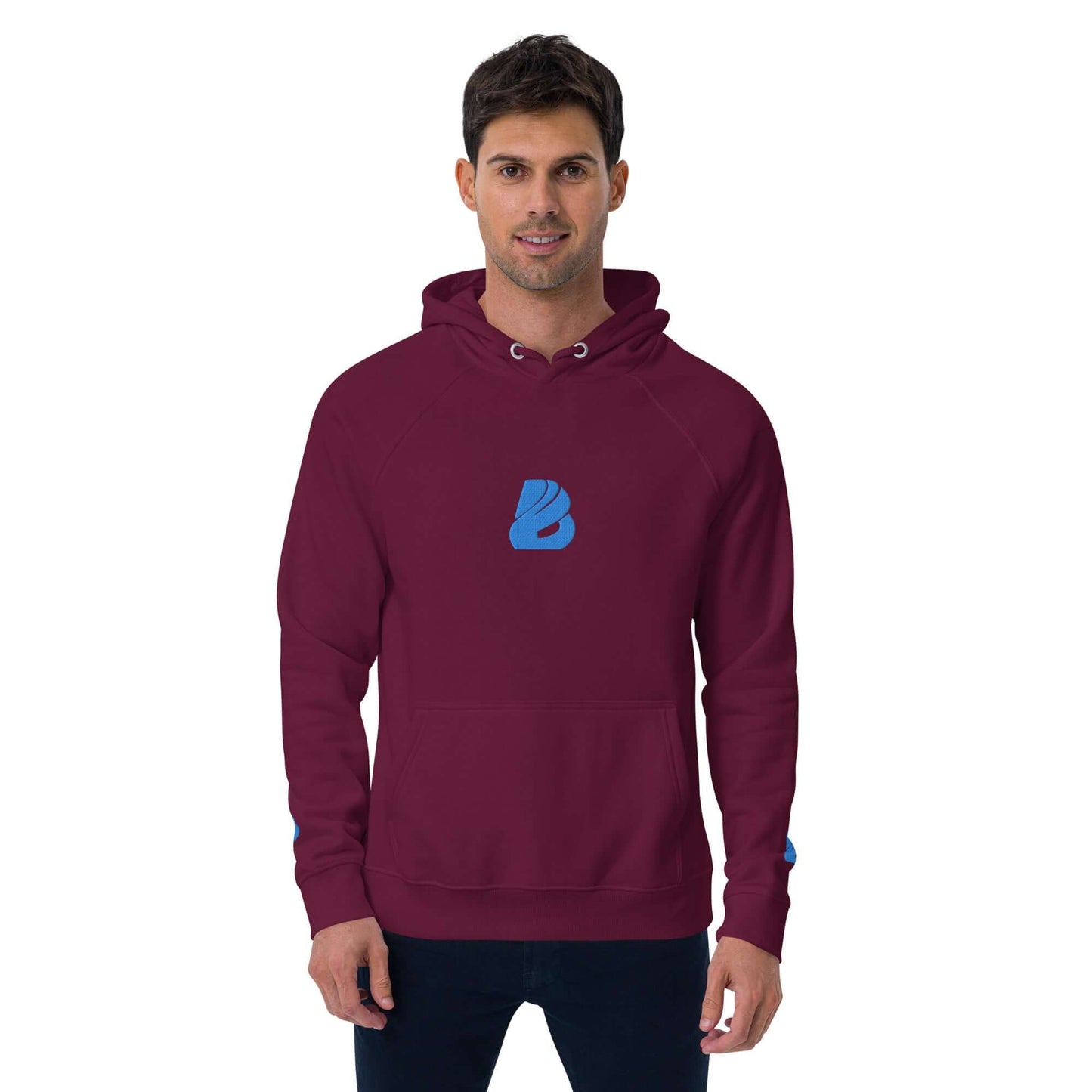Man wearing Unisex Bio-Raglan-Hoodie N°3 in burgundy with blue logo, showcasing casual style and comfort.