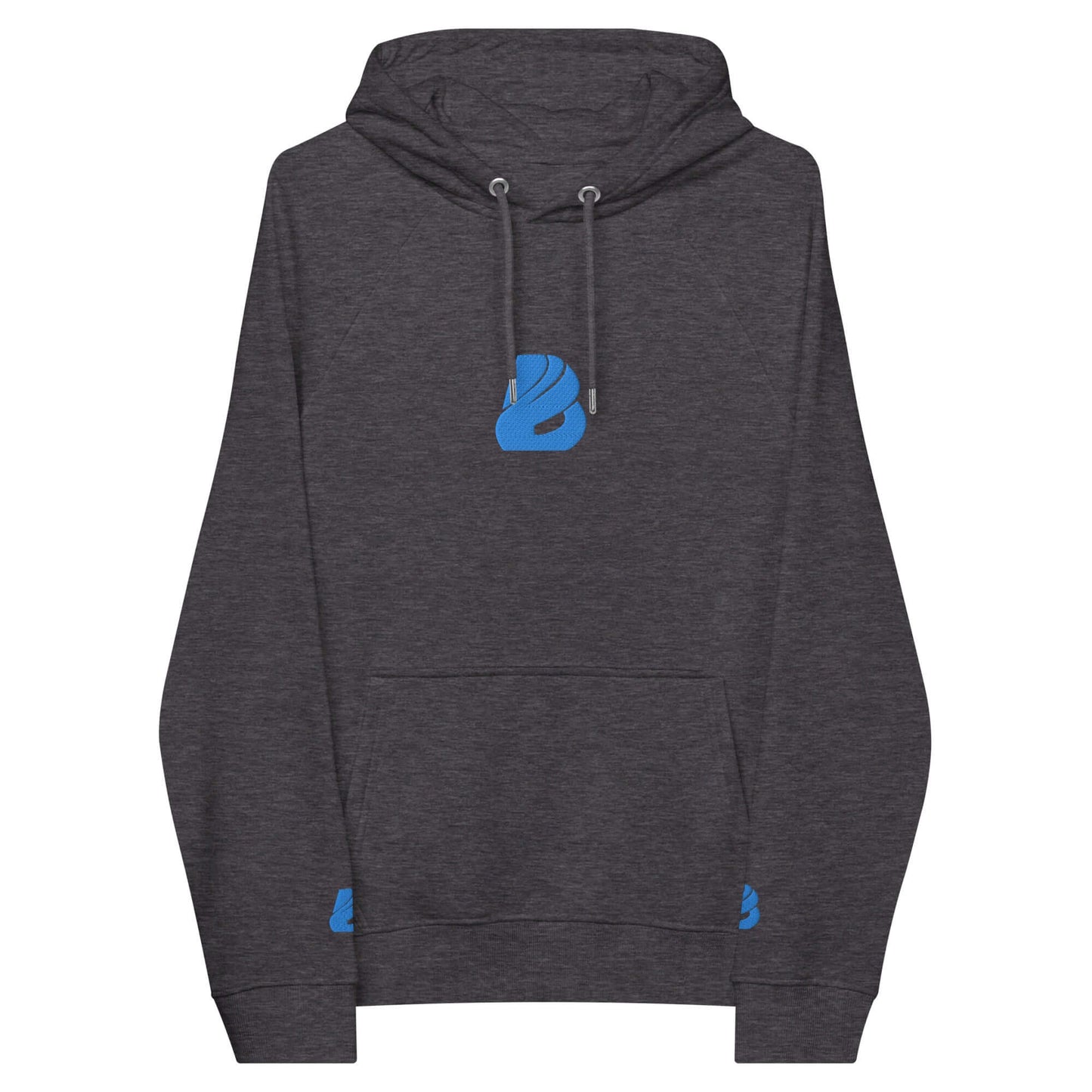 Unisex Bio-Raglan-Hoodie N°3 in dark grey with blue logo, comfortable sustainable fashion for casual or stylish looks.