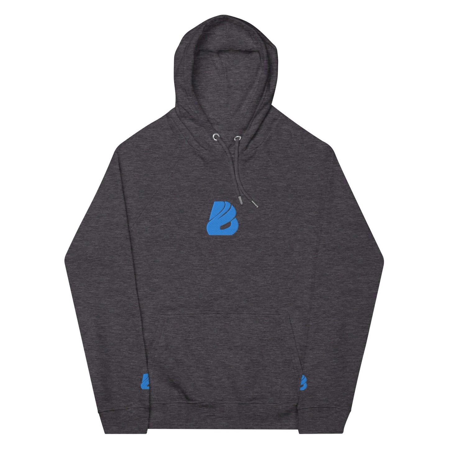 Unisex Bio-Raglan-Hoodie N°3 in dark grey with blue logo, soft and comfortable design perfect for casual and stylish outfits.