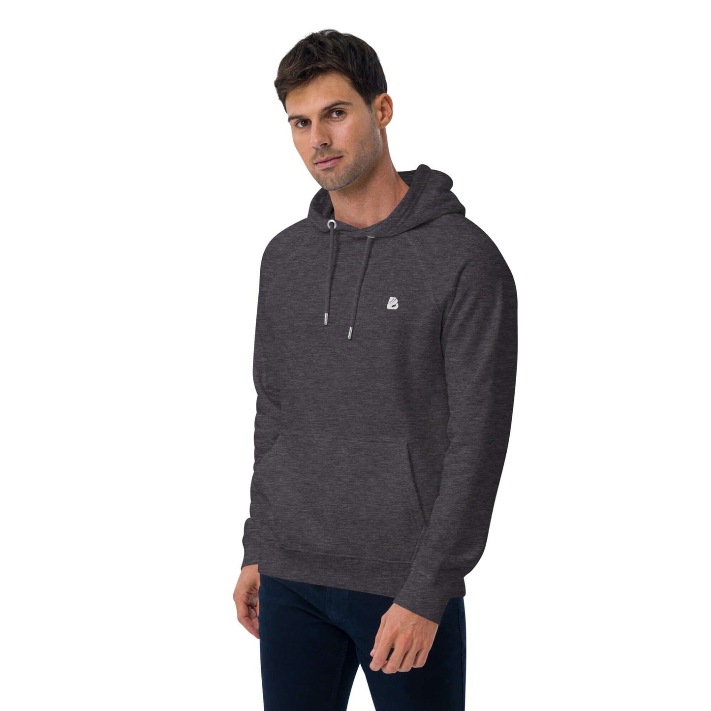 Model wearing Unisex Bio-Raglan-Hoodie N°4 in dark gray, showcasing a casual and comfortable style.