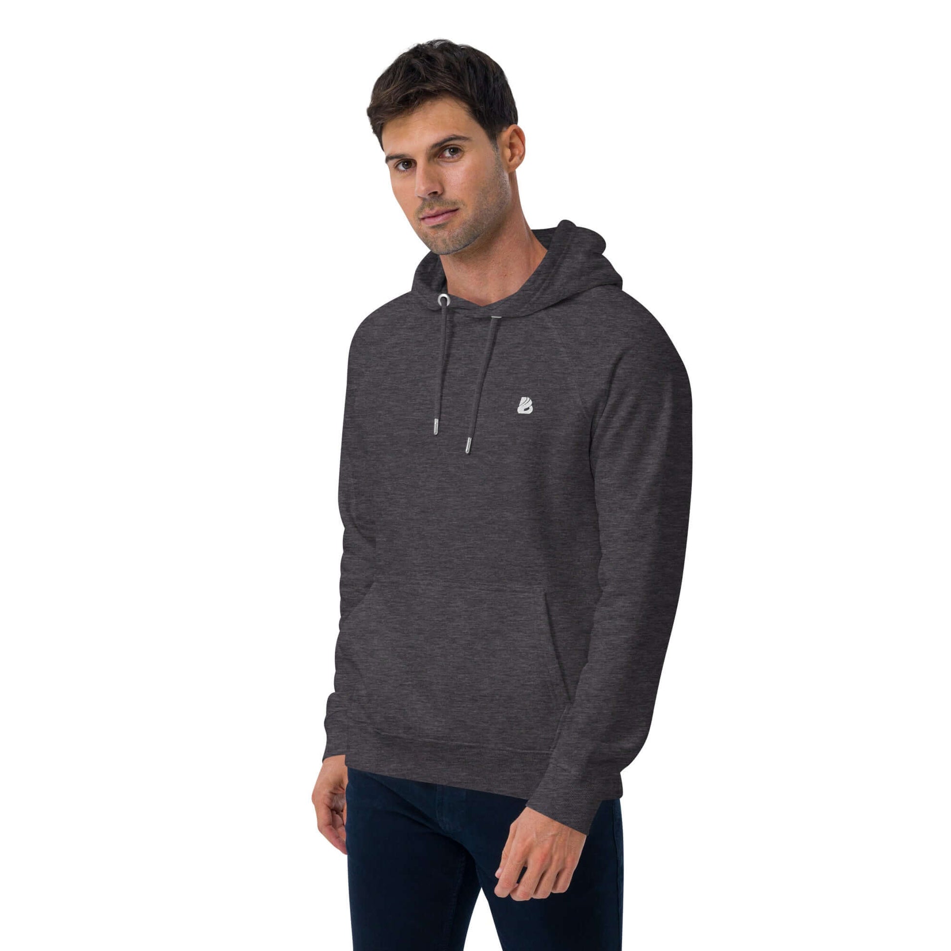 Model wearing Unisex Bio-Raglan-Hoodie N°4 in dark gray, showcasing a casual and comfortable style.