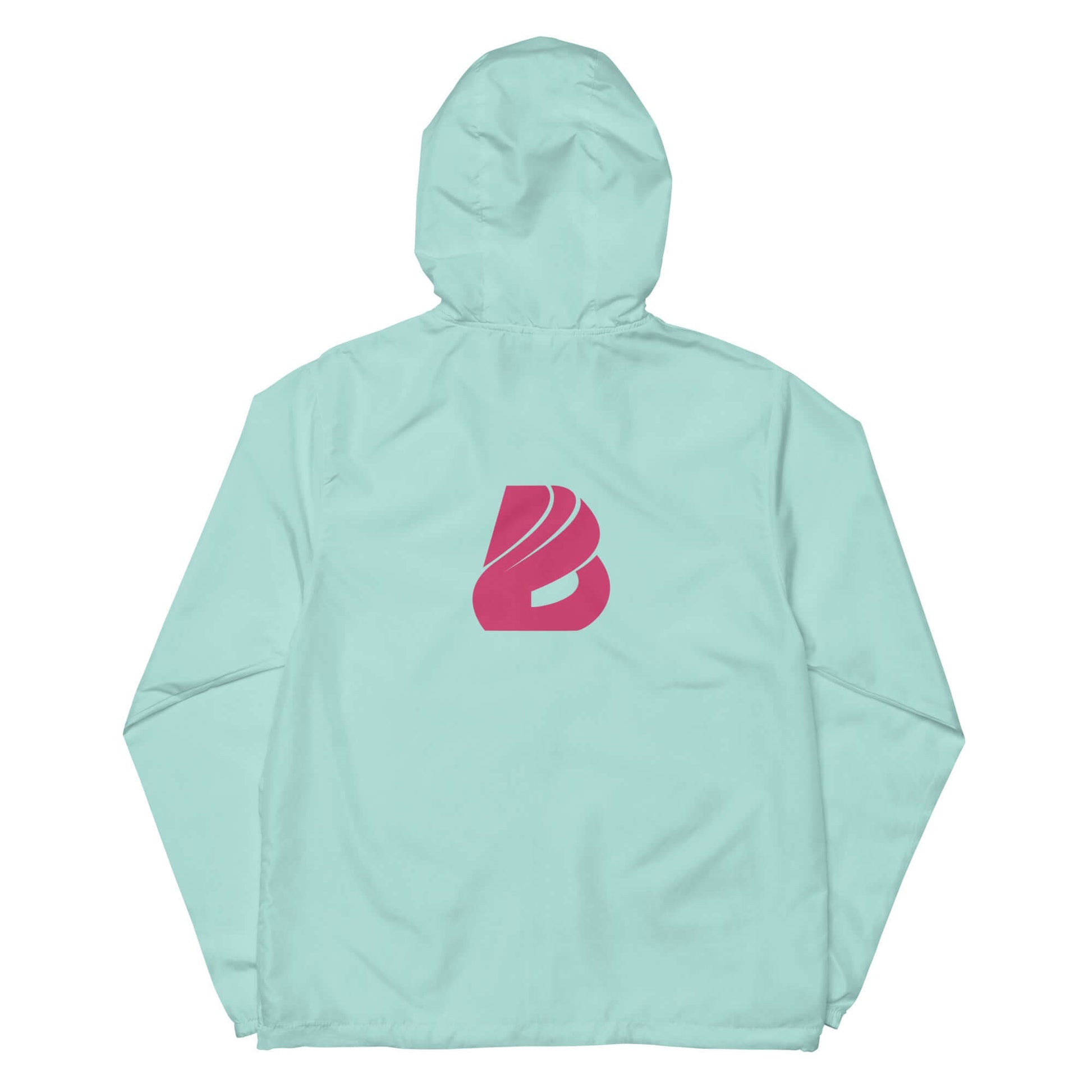 Leichter Unisex-Windbreaker mit Reißverschluss, wasserabweisend, ideal für Abenteuer. Mintgrüne Jacke mit Kapuze, Logo auf dem Rücken.