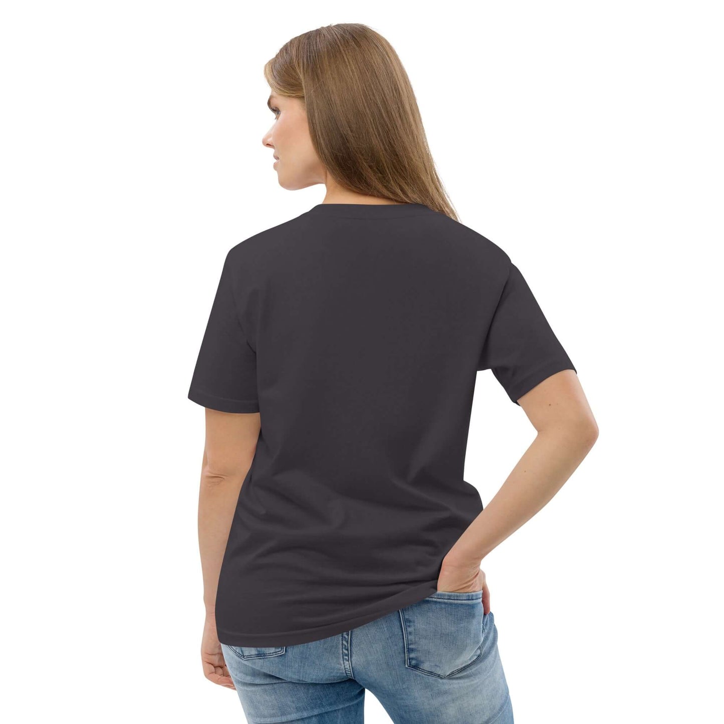 Back view of a model wearing Unisex-Bio-Baumwoll-T-Shirt N°1 in dark color showcasing medium-fit and organic cotton quality.