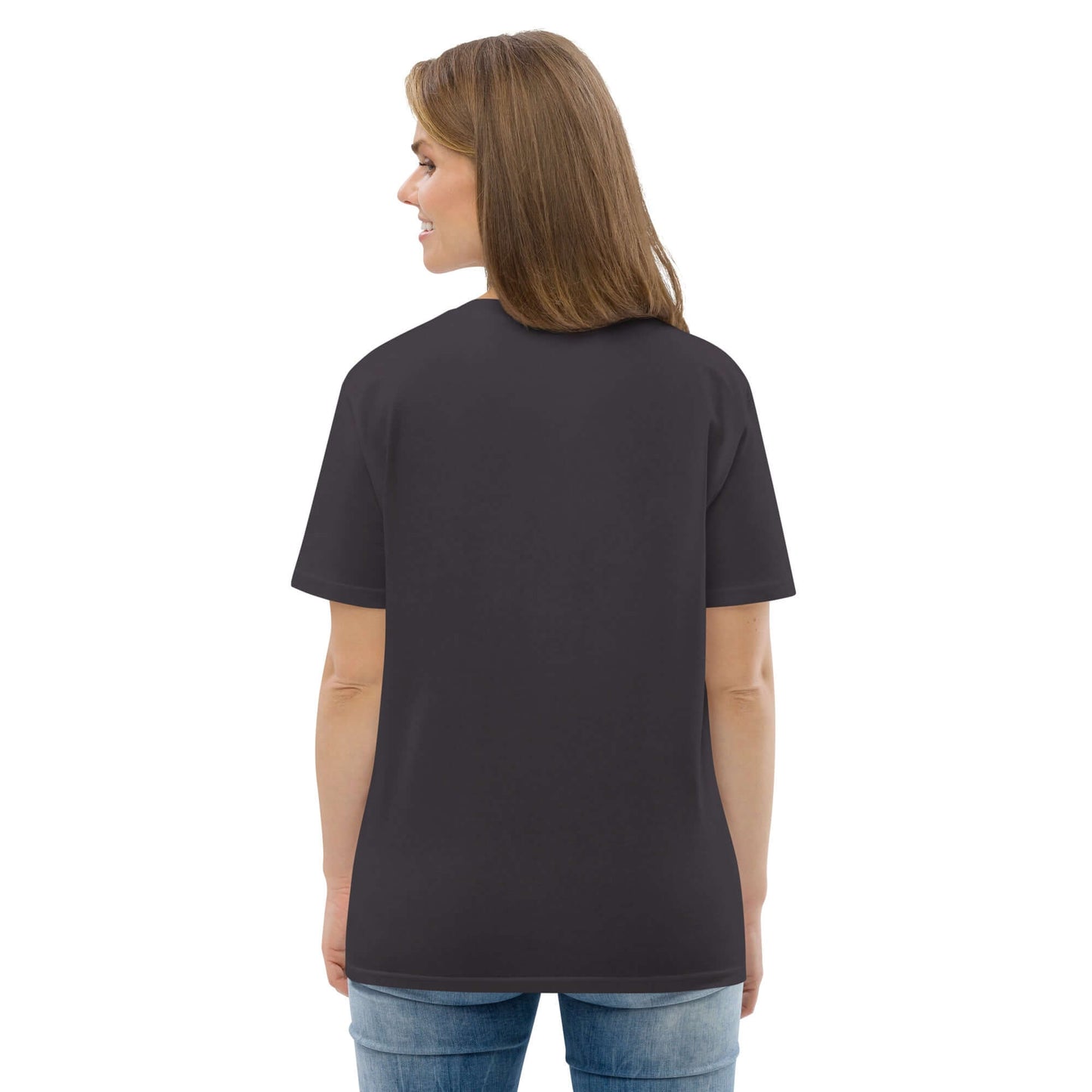 Back view of woman wearing Unisex-Bio-Baumwoll-T-Shirt N°1, made of organic cotton, showcasing comfort and eco-friendliness.