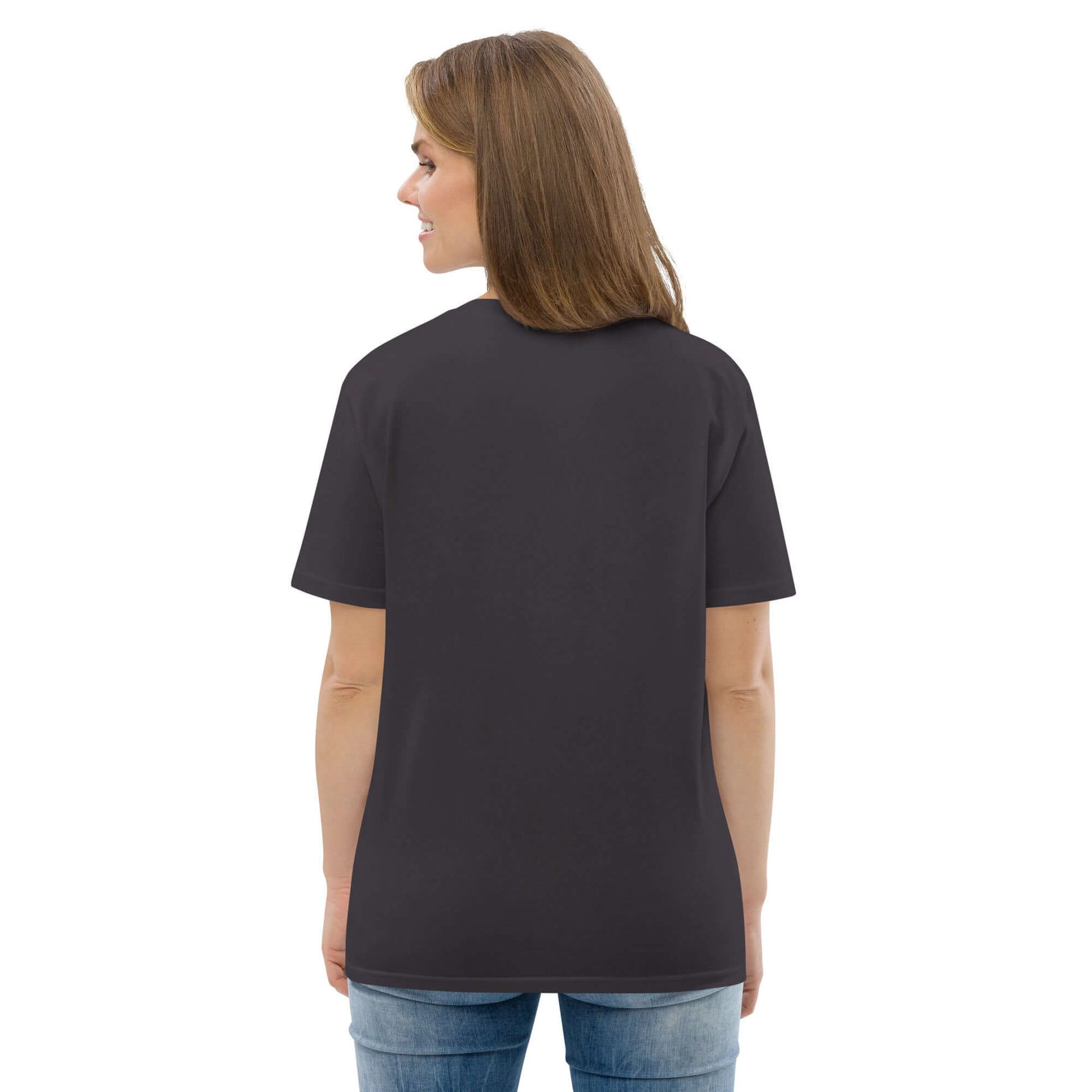 Back view of woman wearing Unisex-Bio-Baumwoll-T-Shirt N°1, made of organic cotton, showcasing comfort and eco-friendliness.