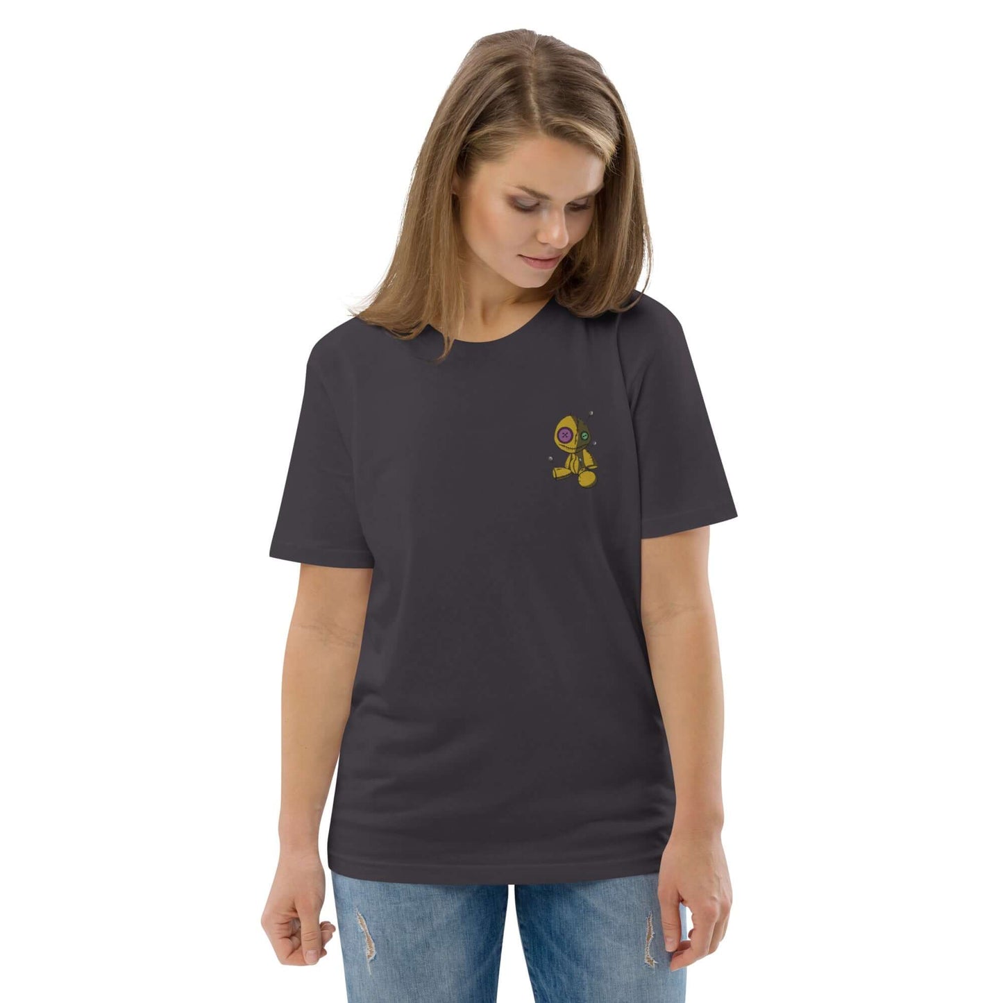 Model wearing Unisex-Bio-Baumwoll-T-Shirt N°1 made from 100% organic cotton in black with yellow graphic print