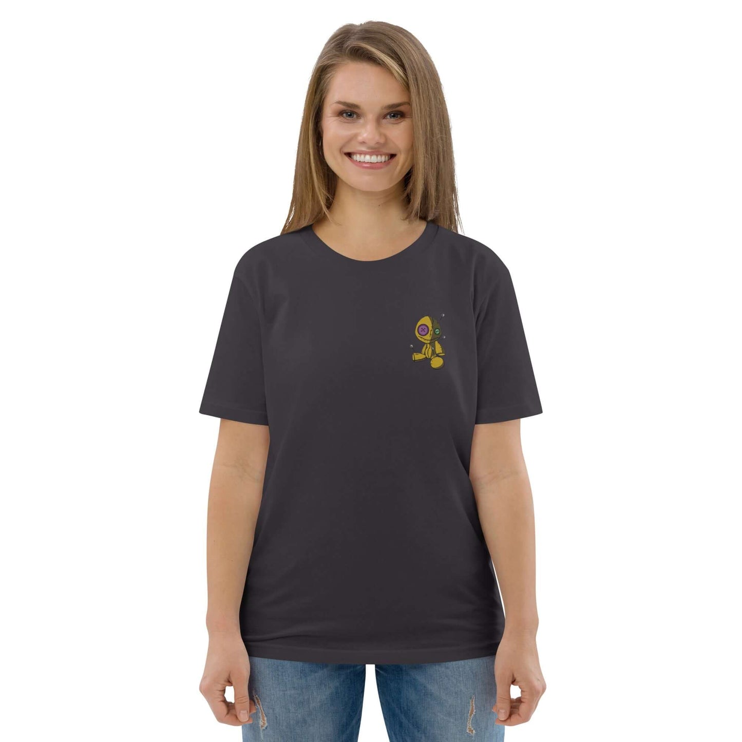 Woman wearing Unisex-Bio-Baumwoll-T-Shirt N°1 made of organic cotton, comfortable and eco-friendly design in dark color.