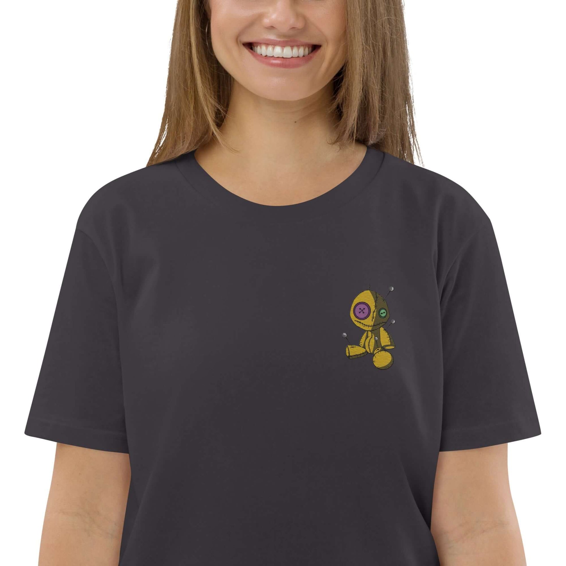 Unisex-Bio-Baumwoll-T-Shirt N°1 in black, featuring a playful yellow character print on chest, made from 100% organic ring-spun cotton.