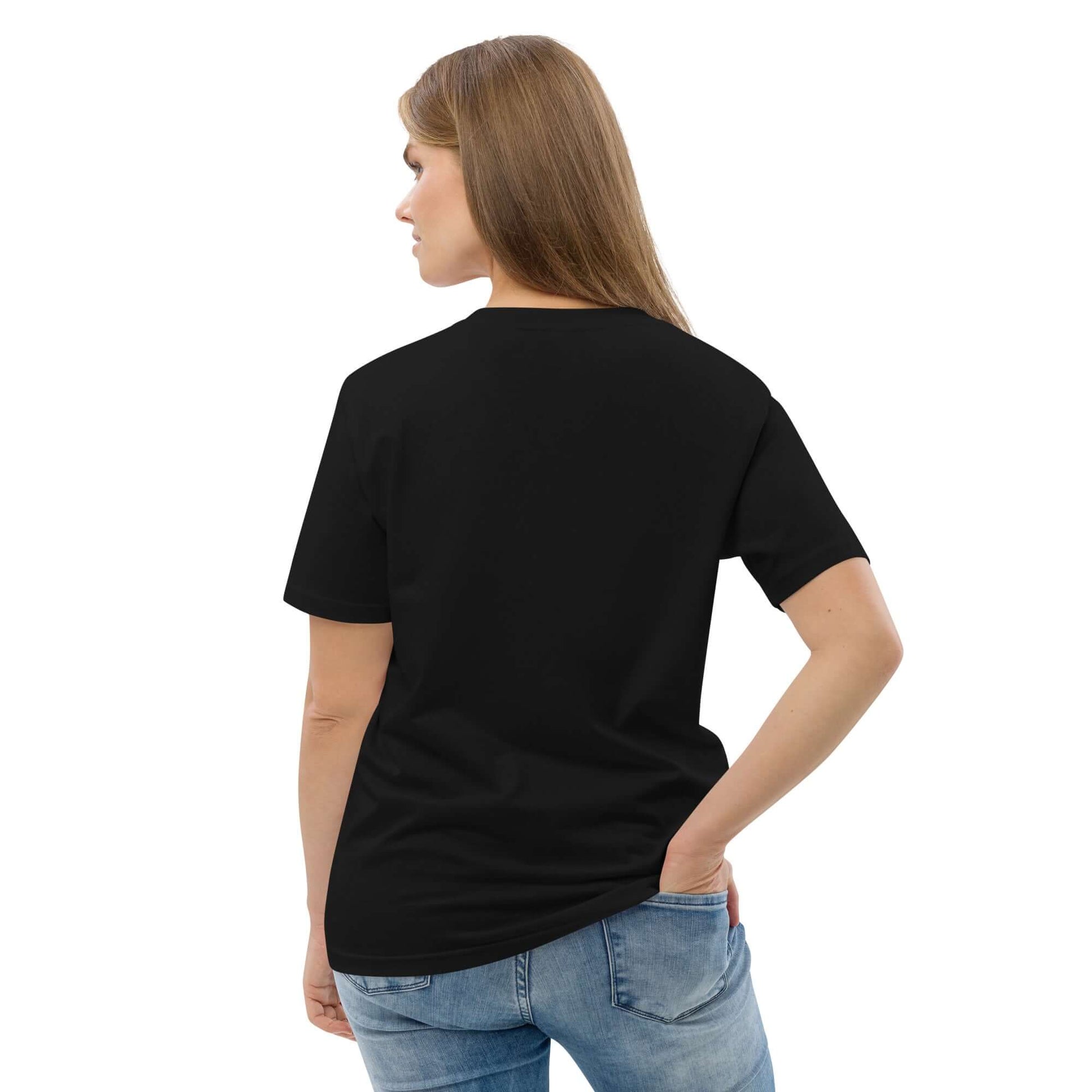 Person wearing a Unisex-Bio-Baumwoll-T-Shirt N°1 in black, made of 100% organic cotton, medium-fit. View from back showcasing the design and fit.