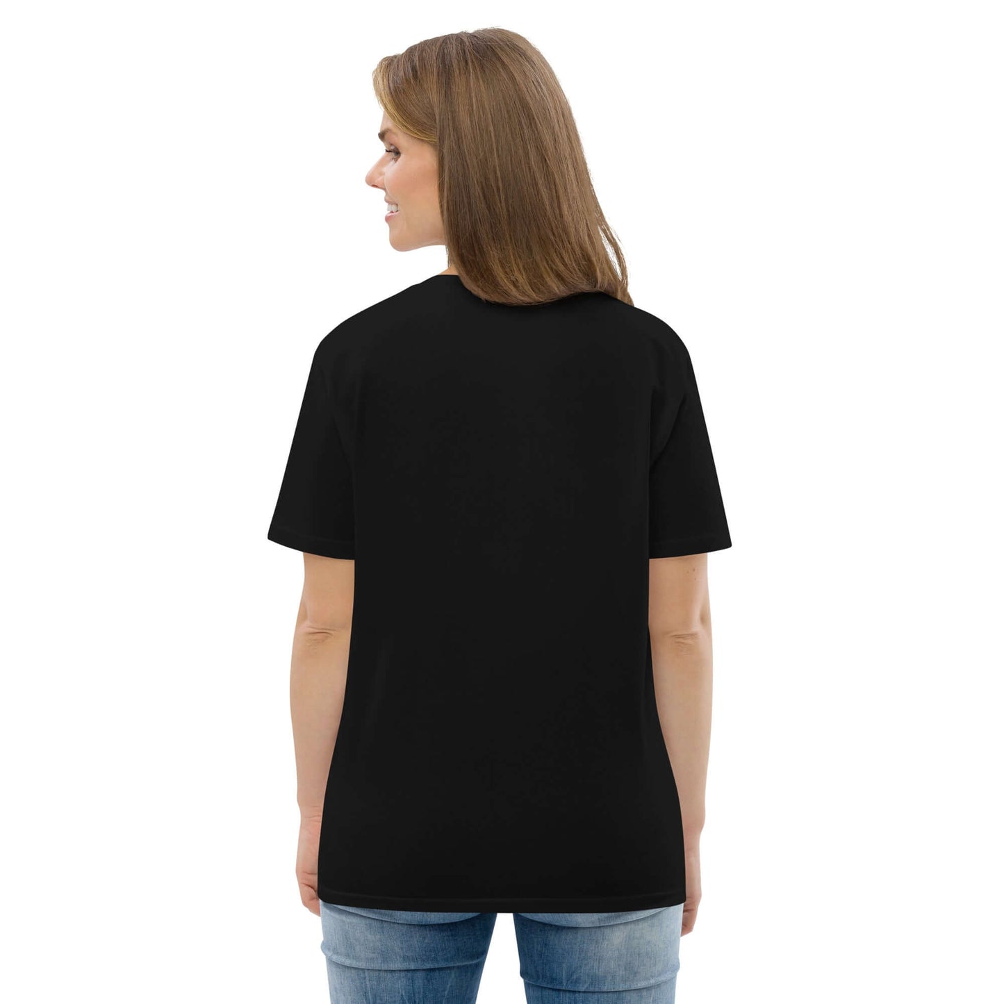 Back view of Unisex-Bio-Baumwoll-T-Shirt N°1 in black, showcasing sustainable fashion with organic cotton material.