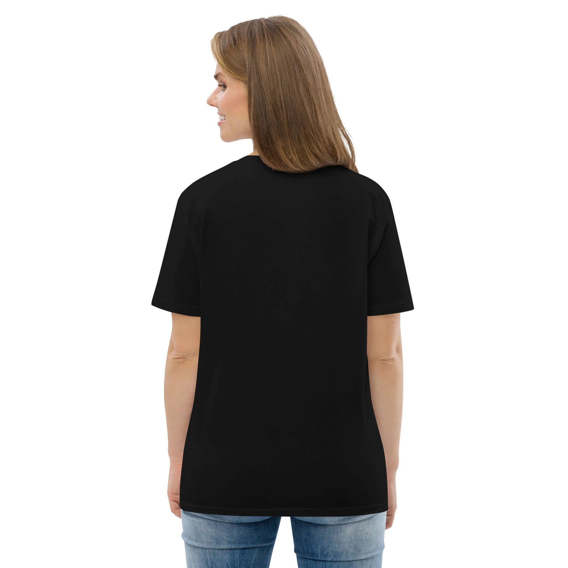 Back view of Unisex-Bio-Baumwoll-T-Shirt N°1 in black, showcasing sustainable fashion with organic cotton material.